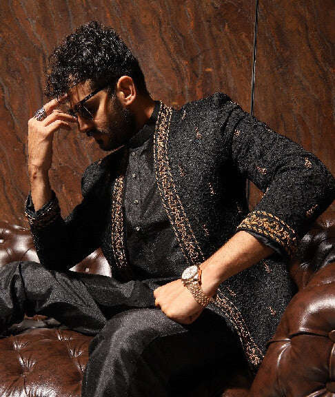 Black Dabka Embroidered Suiting Prince Coat (2-Piece) - Image 1