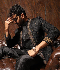 Black Dabka Embroidered Suiting Prince Coat (2-Piece) - Image 2