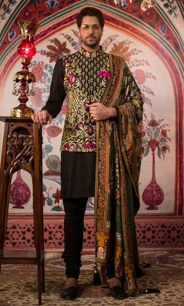 Black Embroidered Silk-Blend Prince Coat (3-Piece) - Image 2