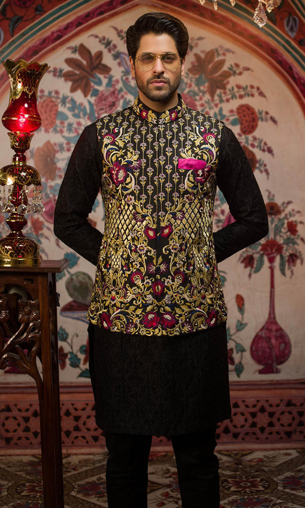 Black Embroidered Silk-Blend Prince Coat (3-Piece) - Image 3