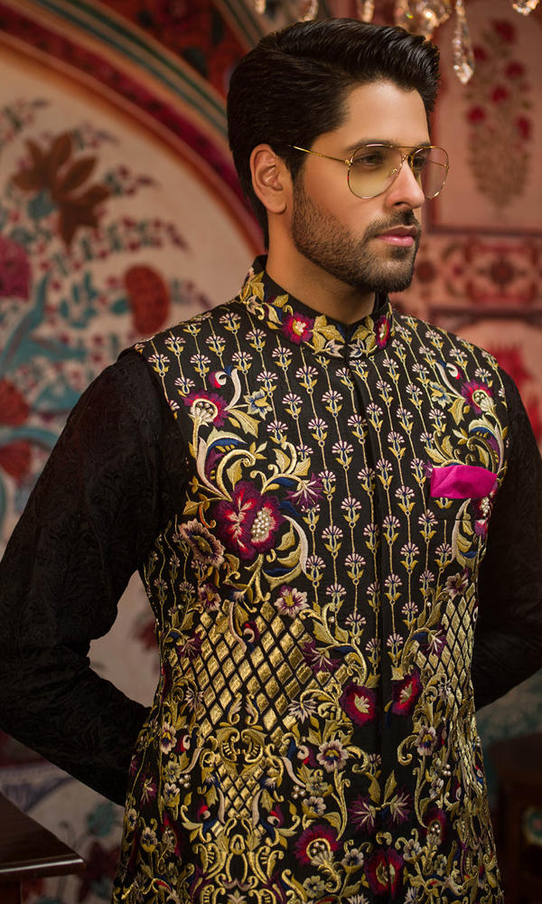 Black Embroidered Silk-Blend Prince Coat (3-Piece) - Image 4