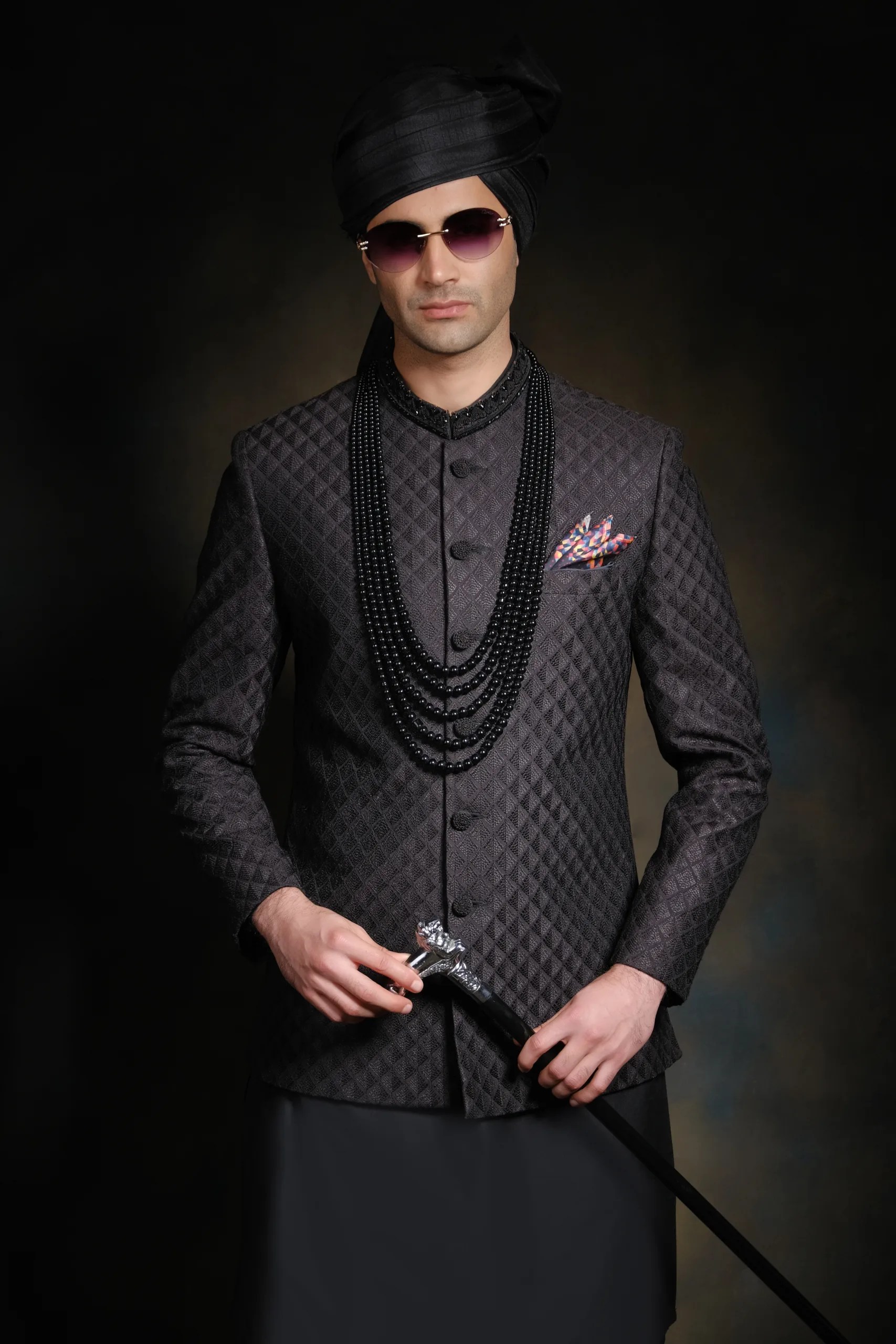 Black Embroidered Silk-Blend Prince Coat (1-Pc) - Image 1