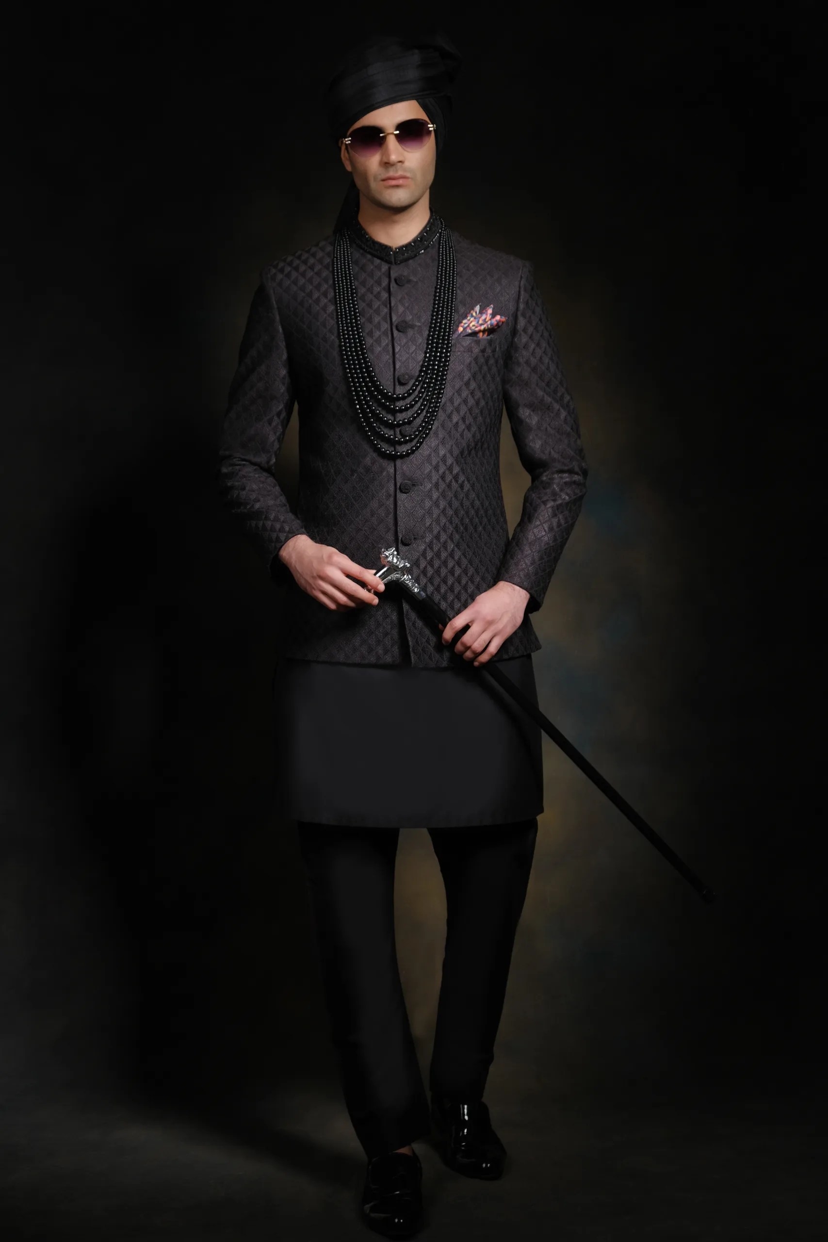 Black Embroidered Silk-Blend Prince Coat (1-Pc) - Image 2