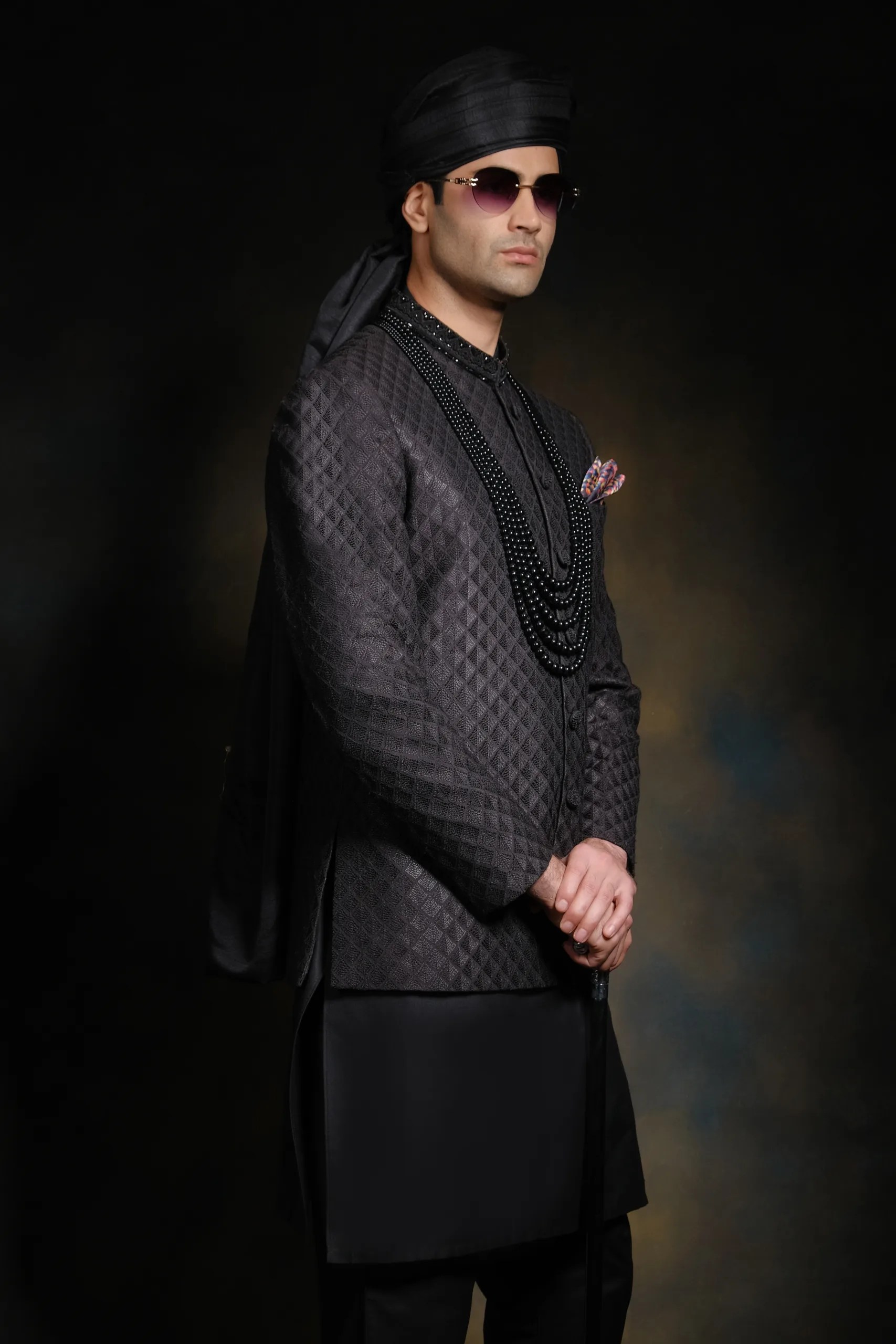 Black Embroidered Silk-Blend Prince Coat (1-Pc) - Image 3