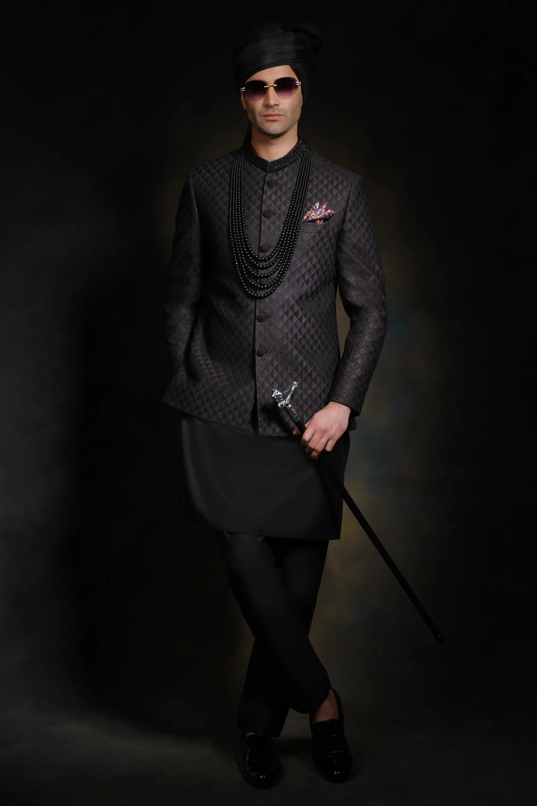 Black Embroidered Silk-Blend Prince Coat (1-Pc) - Image 4