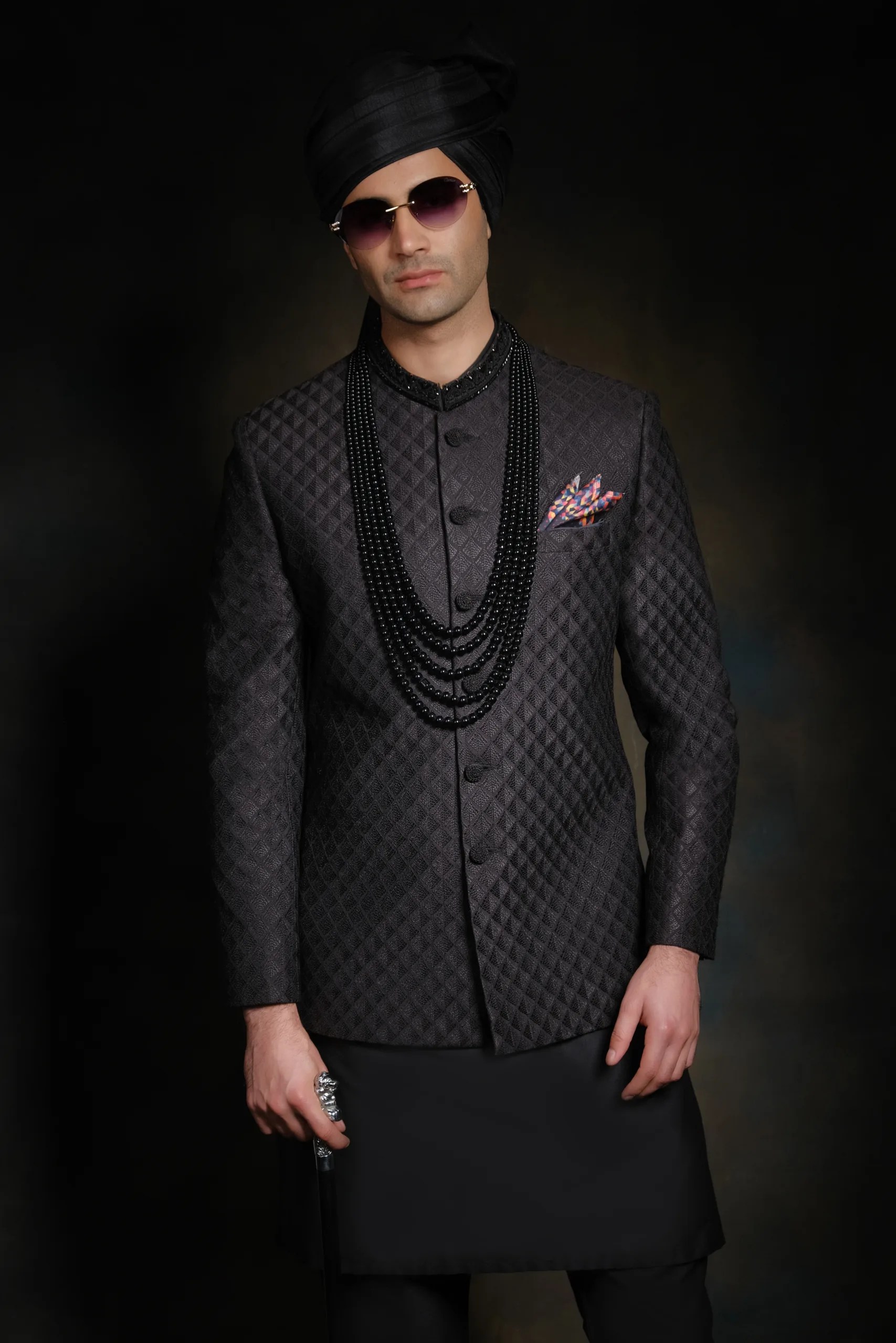 Black Embroidered Silk-Blend Prince Coat (1-Pc) - Image 5