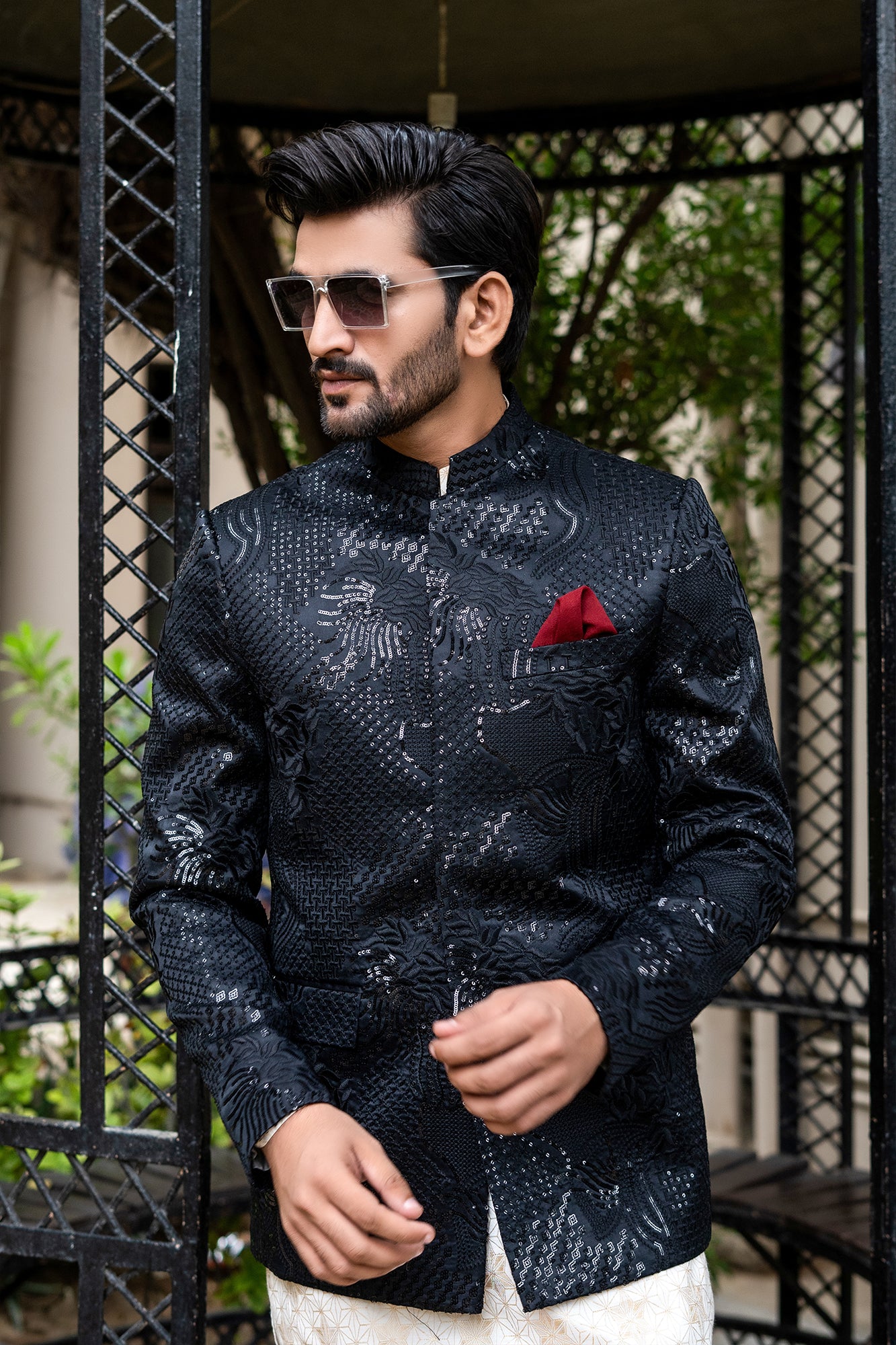 Black Embroidered Silk-Blend Prince Coat (3-Piece) - Image 1