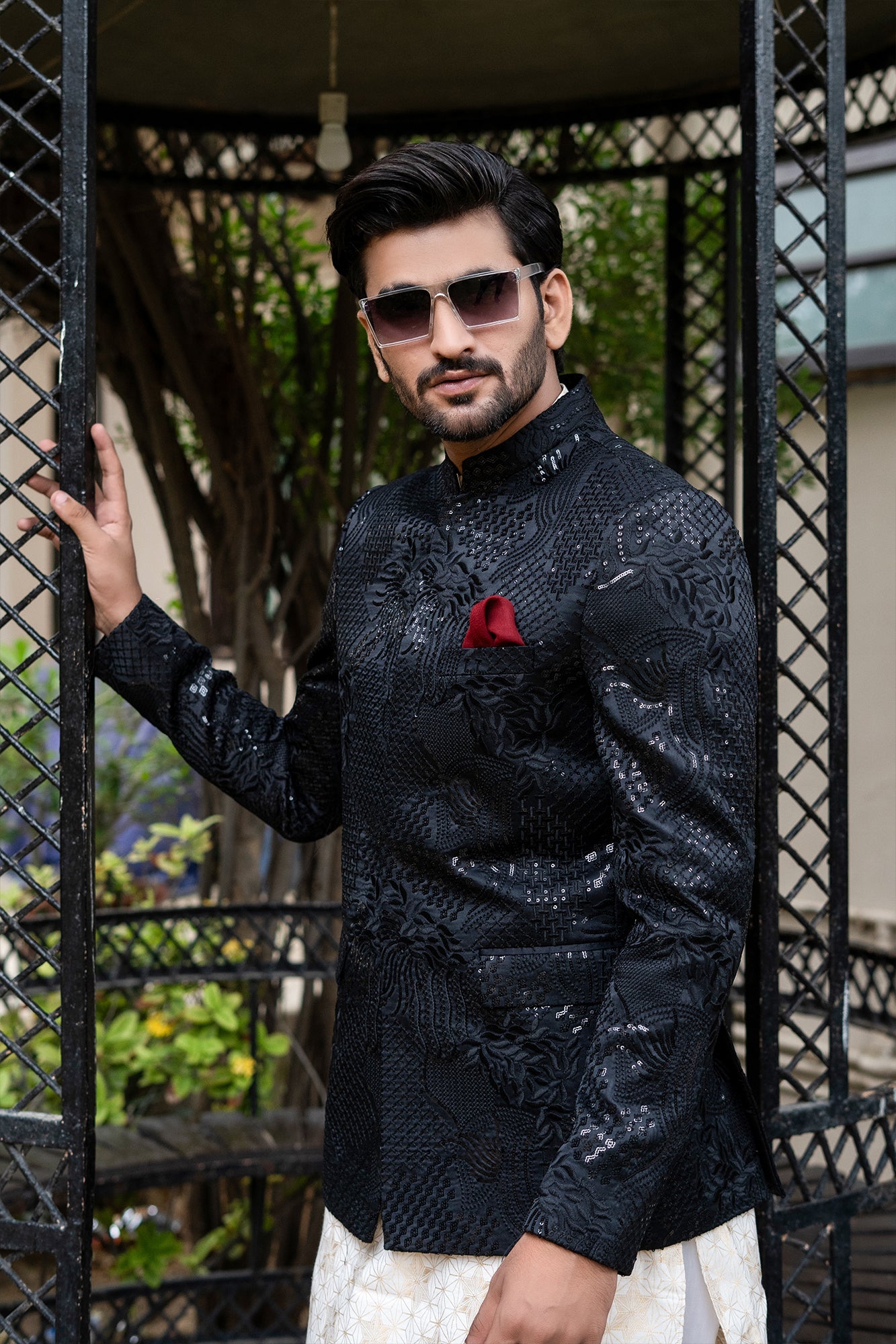 Black Embroidered Silk-Blend Prince Coat (3-Piece) - Image 2