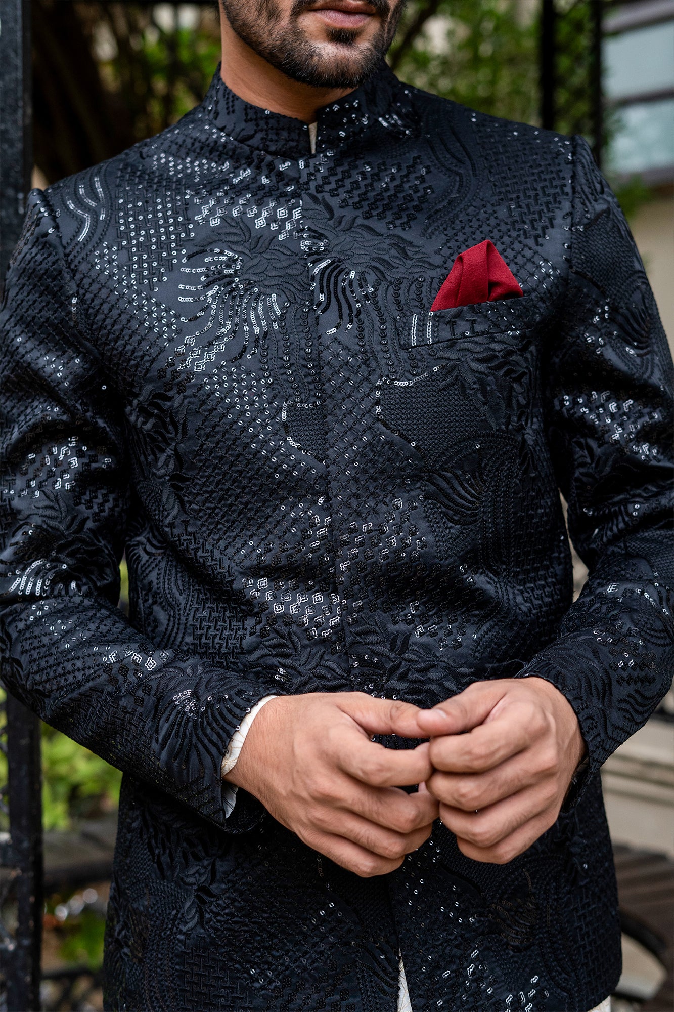 Black Embroidered Silk-Blend Prince Coat (3-Piece) - Image 3