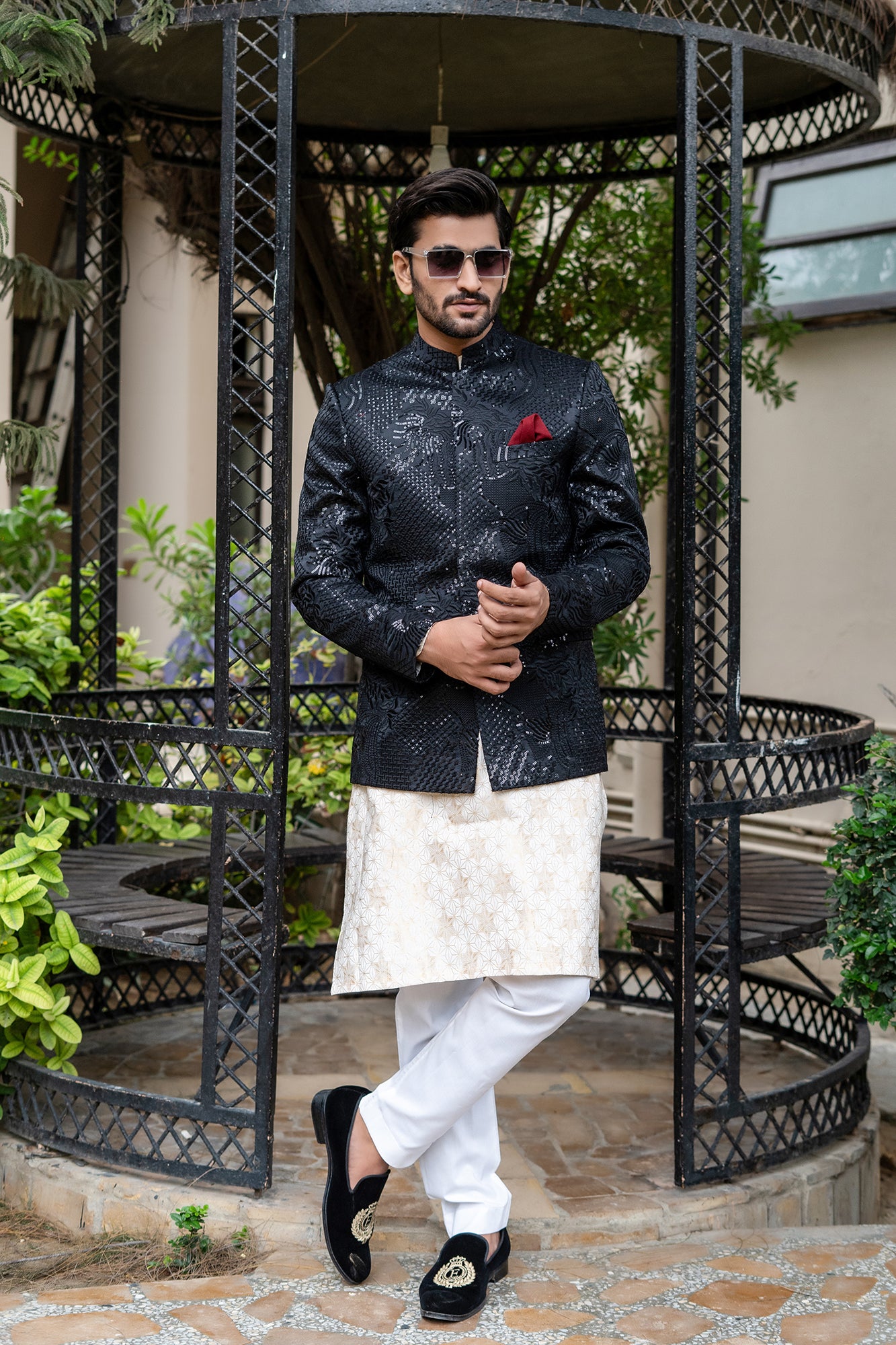 Black Embroidered Silk-Blend Prince Coat (3-Piece) - Image 4