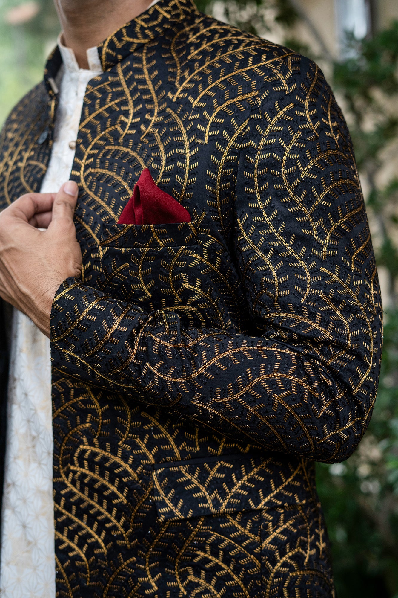 Black Copper Embroidered Silk-Blend Prince Coat (3-Piece) - Image 2