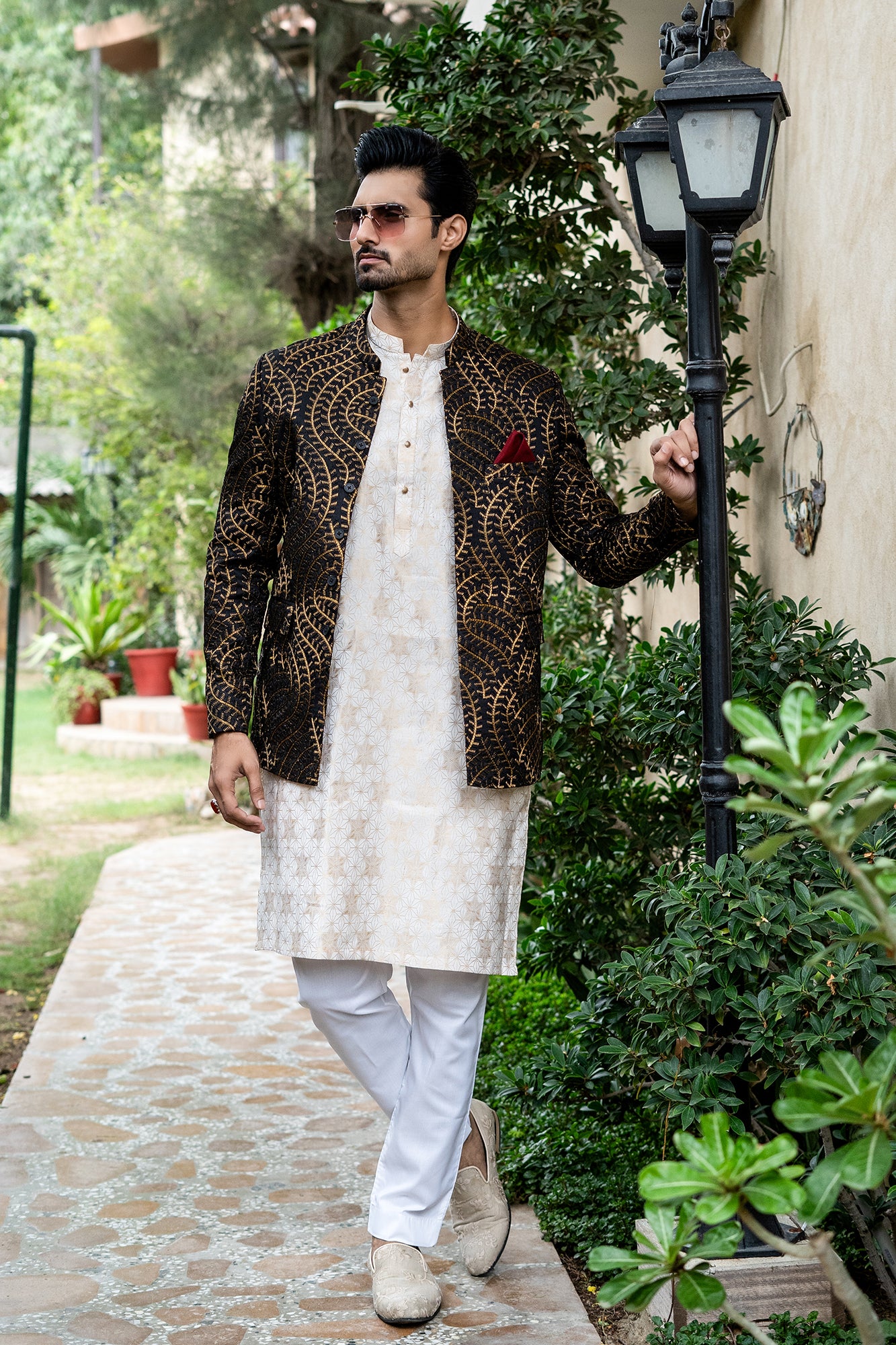 Black Copper Embroidered Silk-Blend Prince Coat (3-Piece) - Image 4