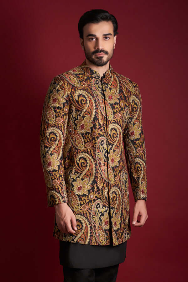 Black Multicolour Embroidered Silk-Blend Prince Coat (3-Piece) - Image 3