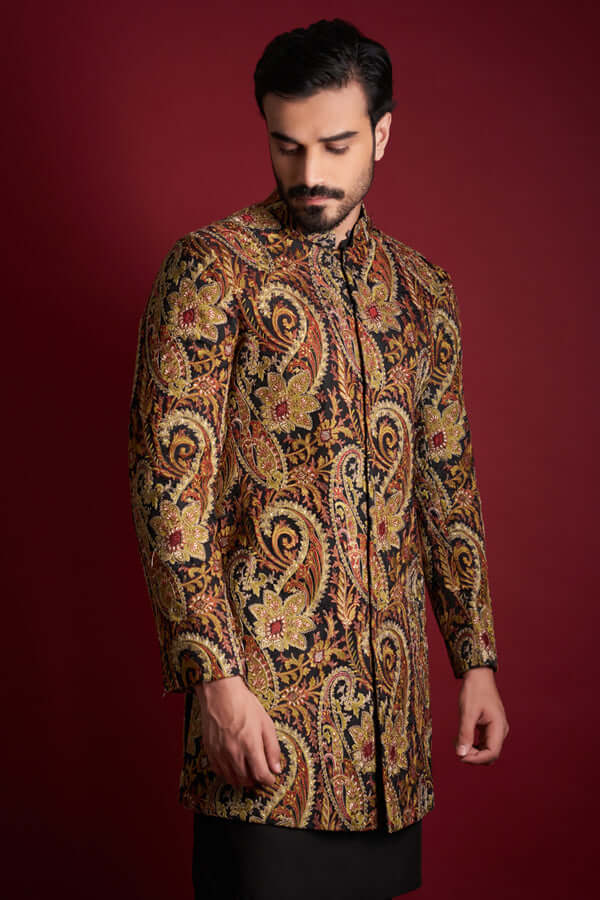 Black Multicolour Embroidered Silk-Blend Prince Coat (3-Piece) - Image 4
