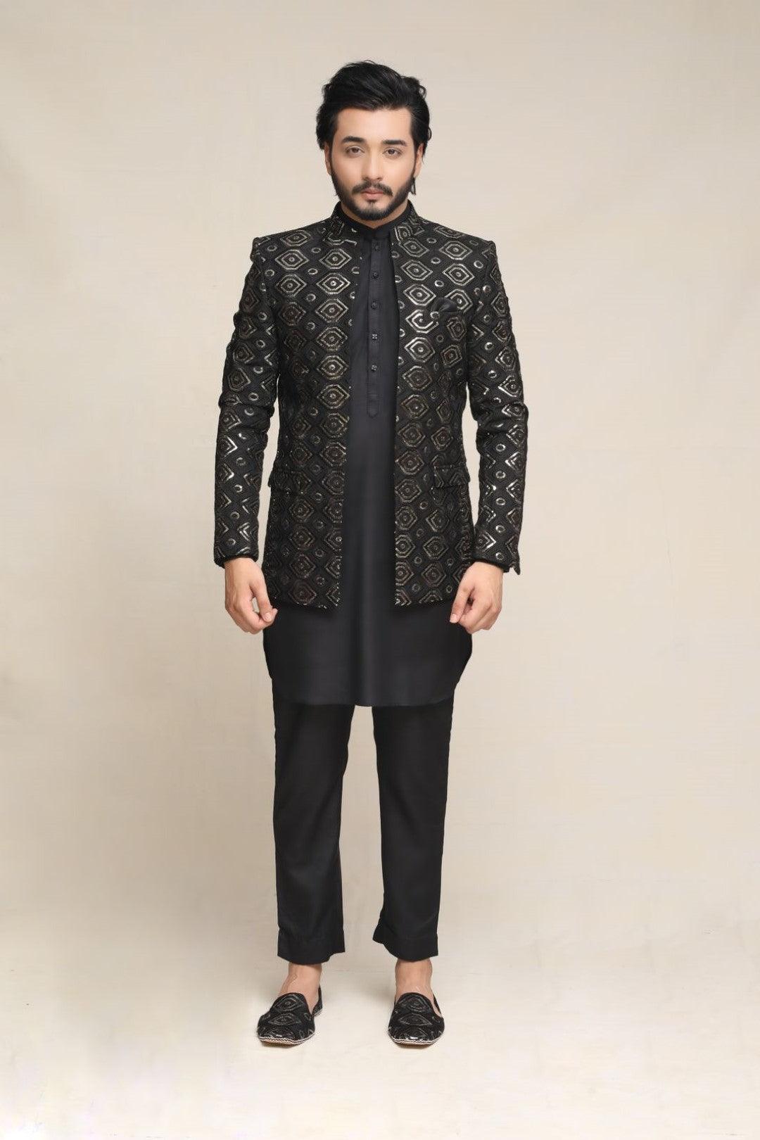 Black Embroidered Silk-Blend Prince Coat (1-Pc) - Image 1