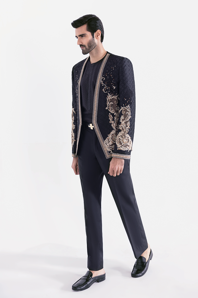 Black Hand-Embroidered Silk-Blend Prince Coat (3-Piece) - Image 2