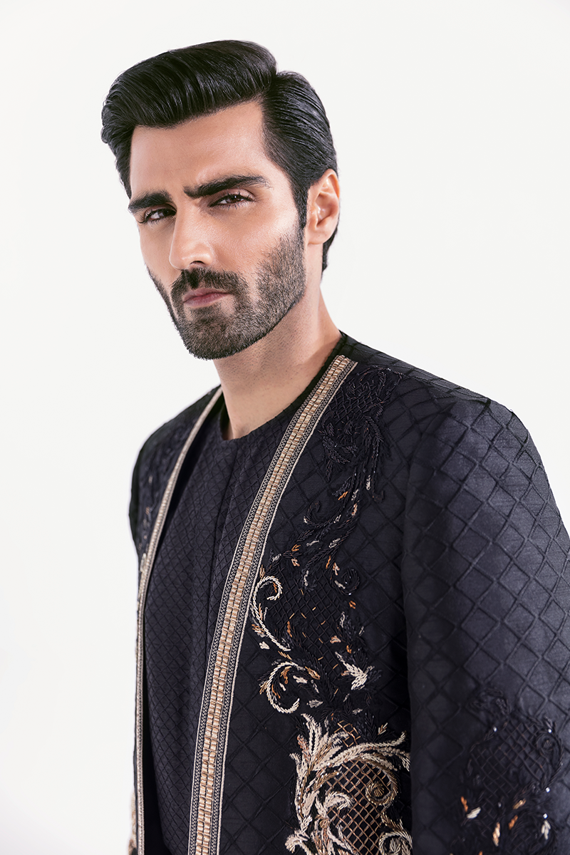 Black Hand-Embroidered Silk-Blend Prince Coat (3-Piece) - Image 4