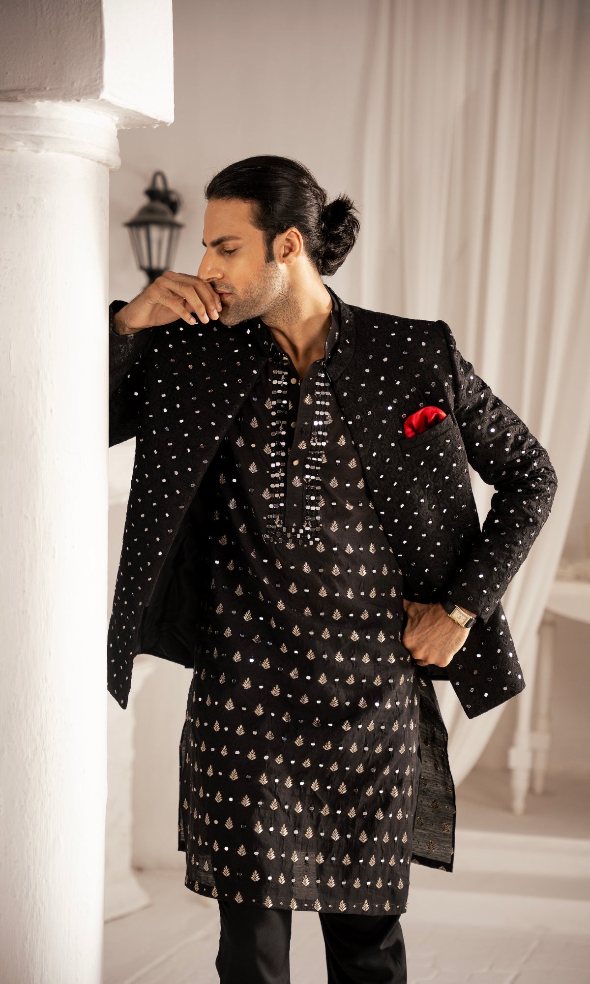 Black Mirror Embroidered Silk-Blend Prince Coat (3-Piece) - Image 2