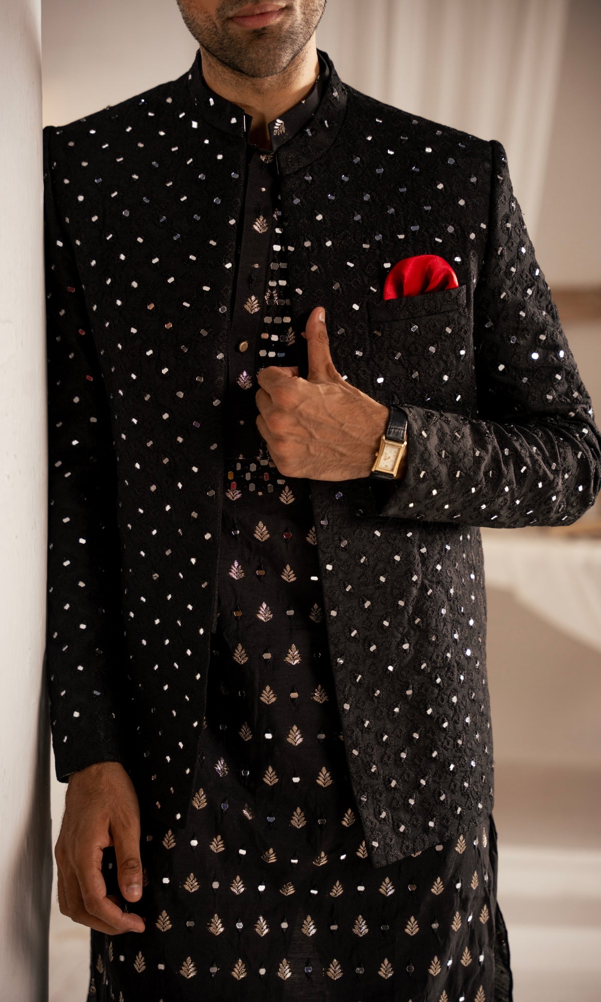 Black Mirror Embroidered Silk-Blend Prince Coat (3-Piece) - Image 4