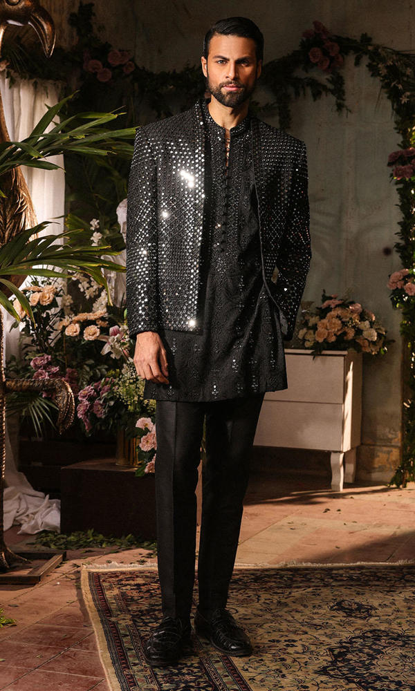 Black Mirror-Embellished Silk-Blend Prince Coat (3-Piece) - Image 2