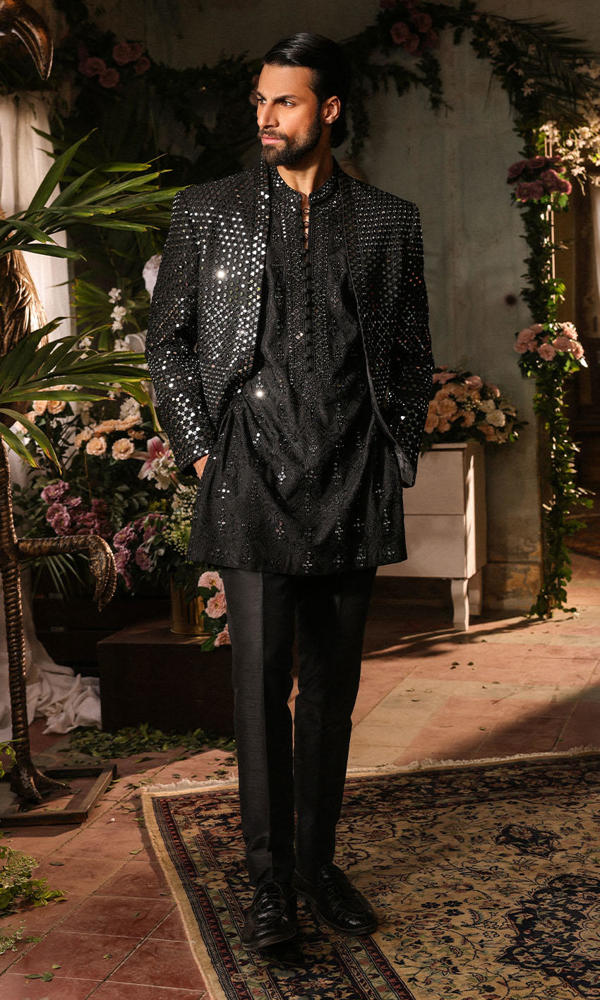 Black Mirror-Embellished Silk-Blend Prince Coat (3-Piece) - Image 3