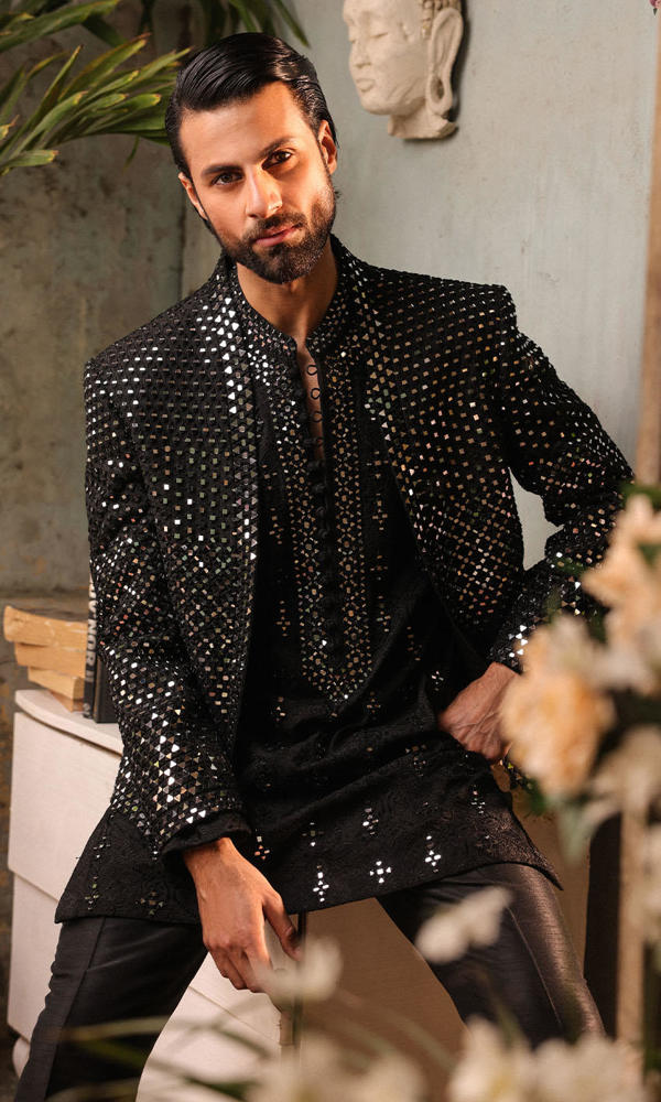 Black Mirror-Embellished Silk-Blend Prince Coat (3-Piece) - Image 4