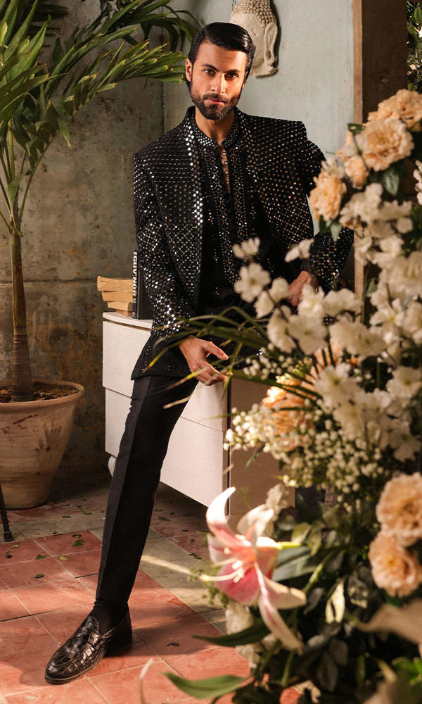 Black Mirror-Embellished Silk-Blend Prince Coat (3-Piece) - Image 5