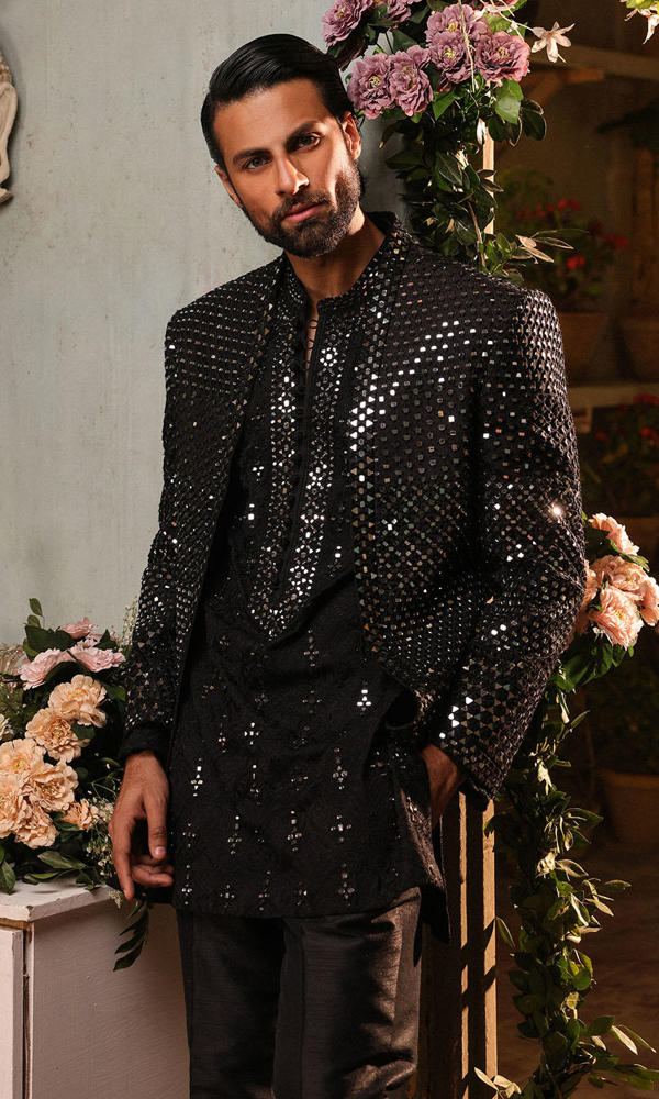 Black Mirror-Embellished Silk-Blend Prince Coat (3-Piece) - Image 7