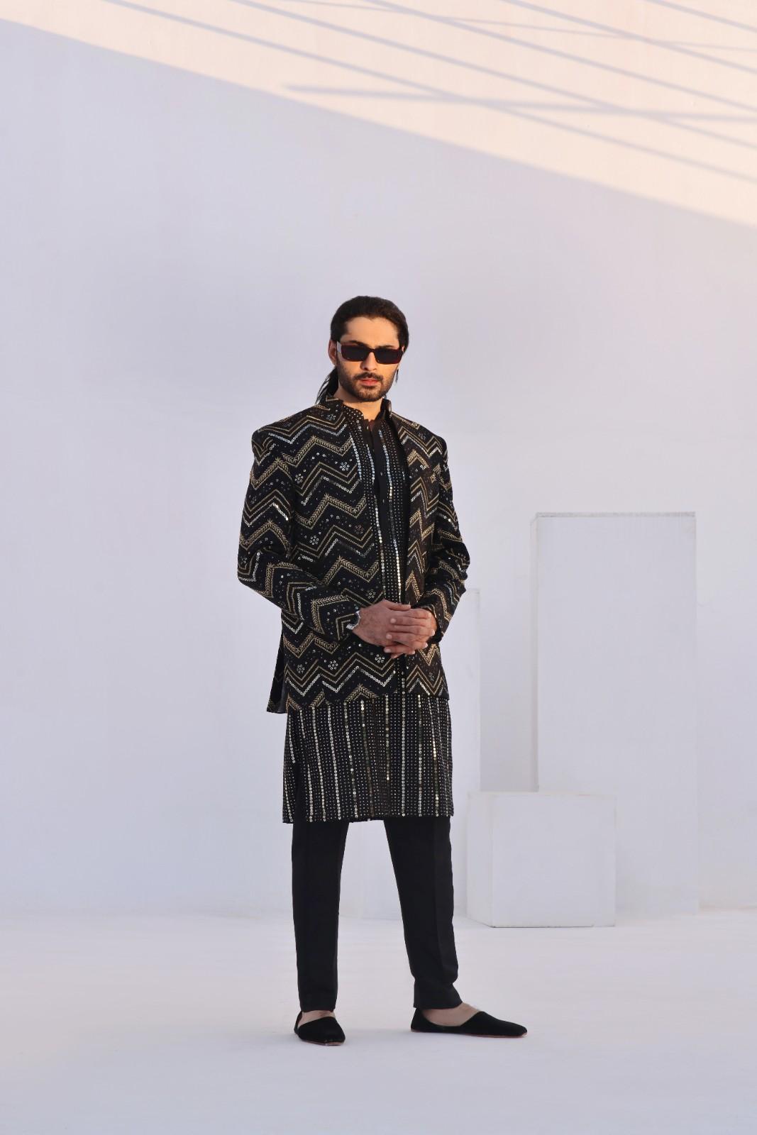 Black Sequinned Silk-Blend Prince Coat (3-Piece) - Image 2