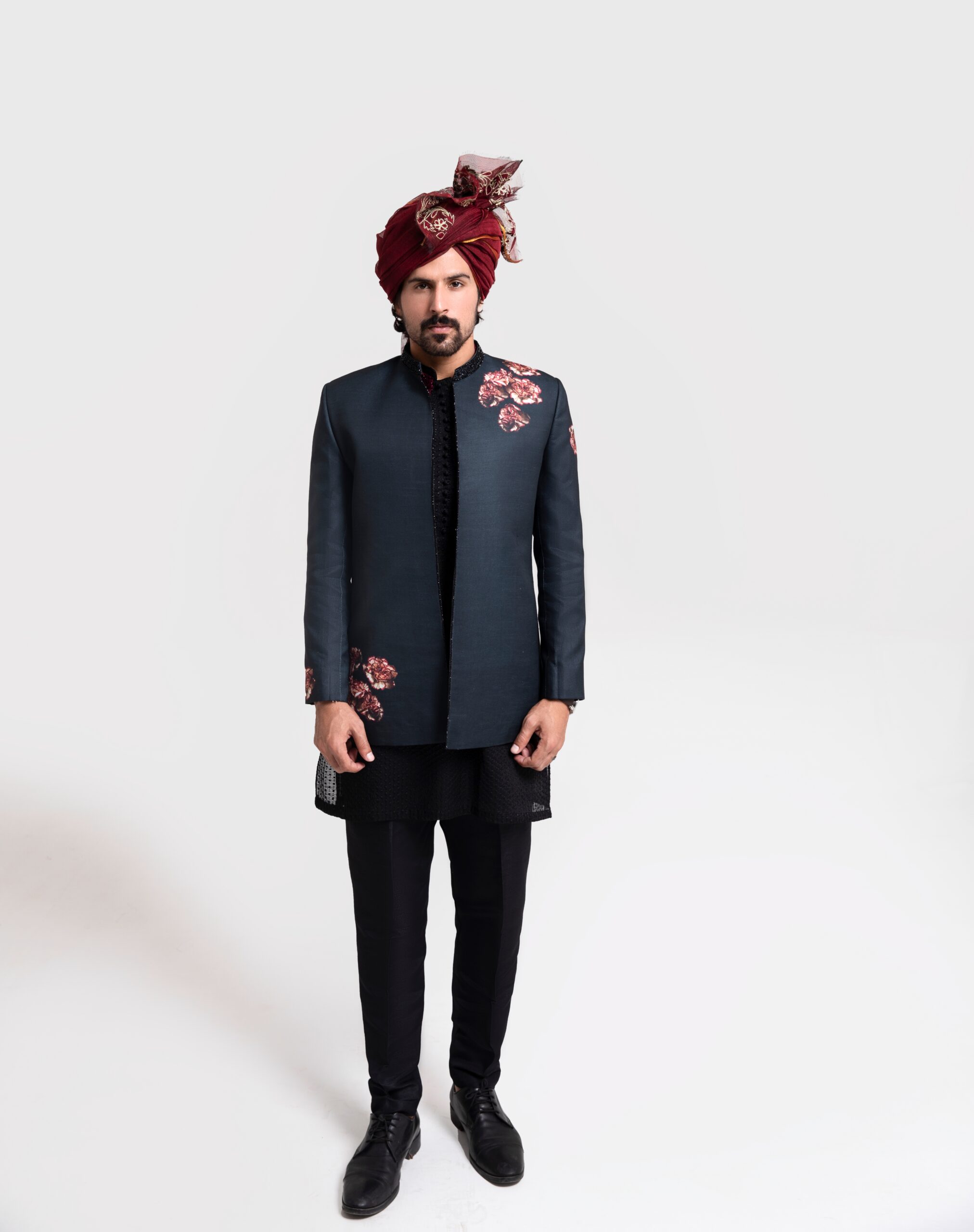 Black Maroon Embroidered Silk-Blend Prince Coat (1-Pc) - Image 2