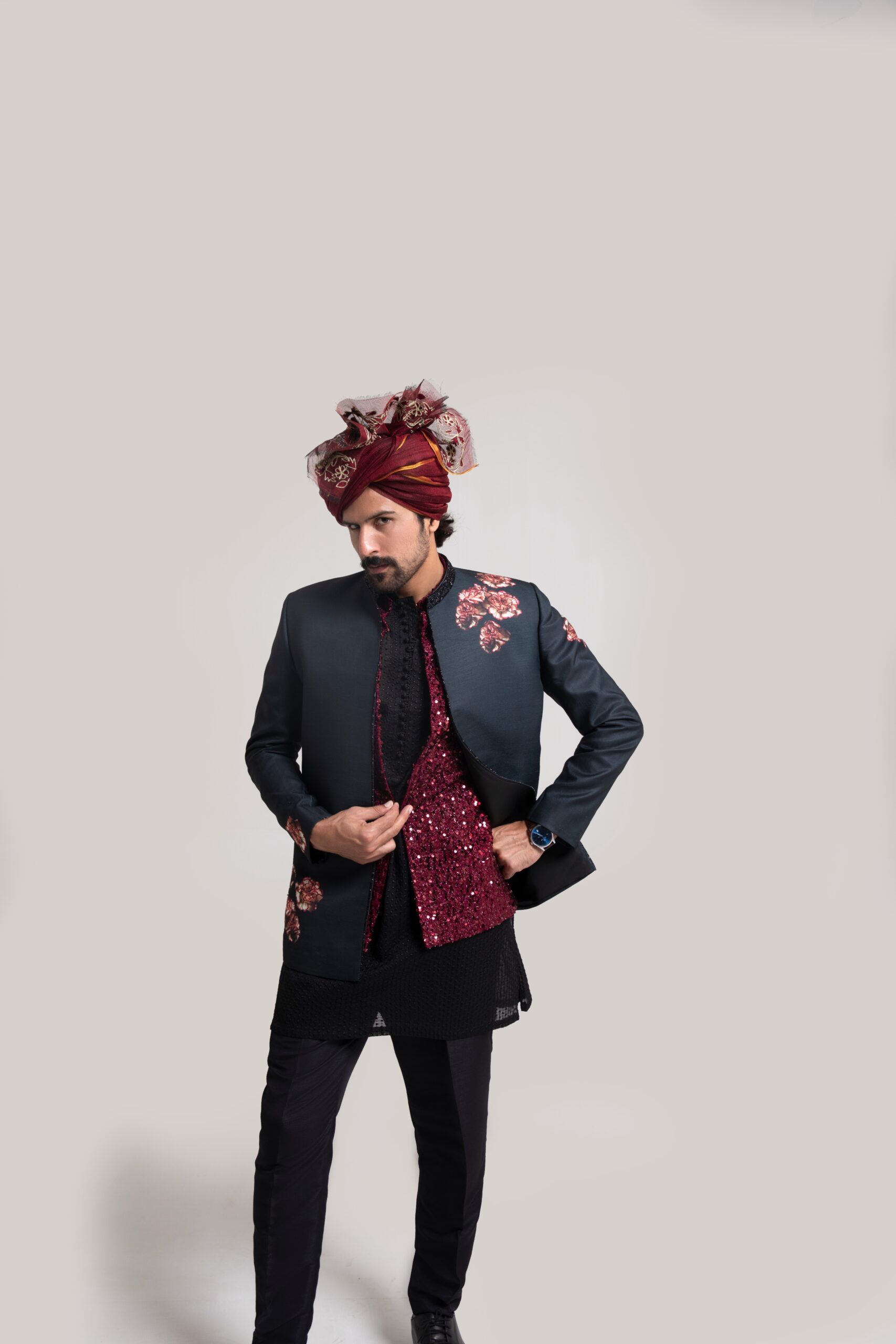 Black Maroon Embroidered Silk-Blend Prince Coat (1-Pc) - Image 3