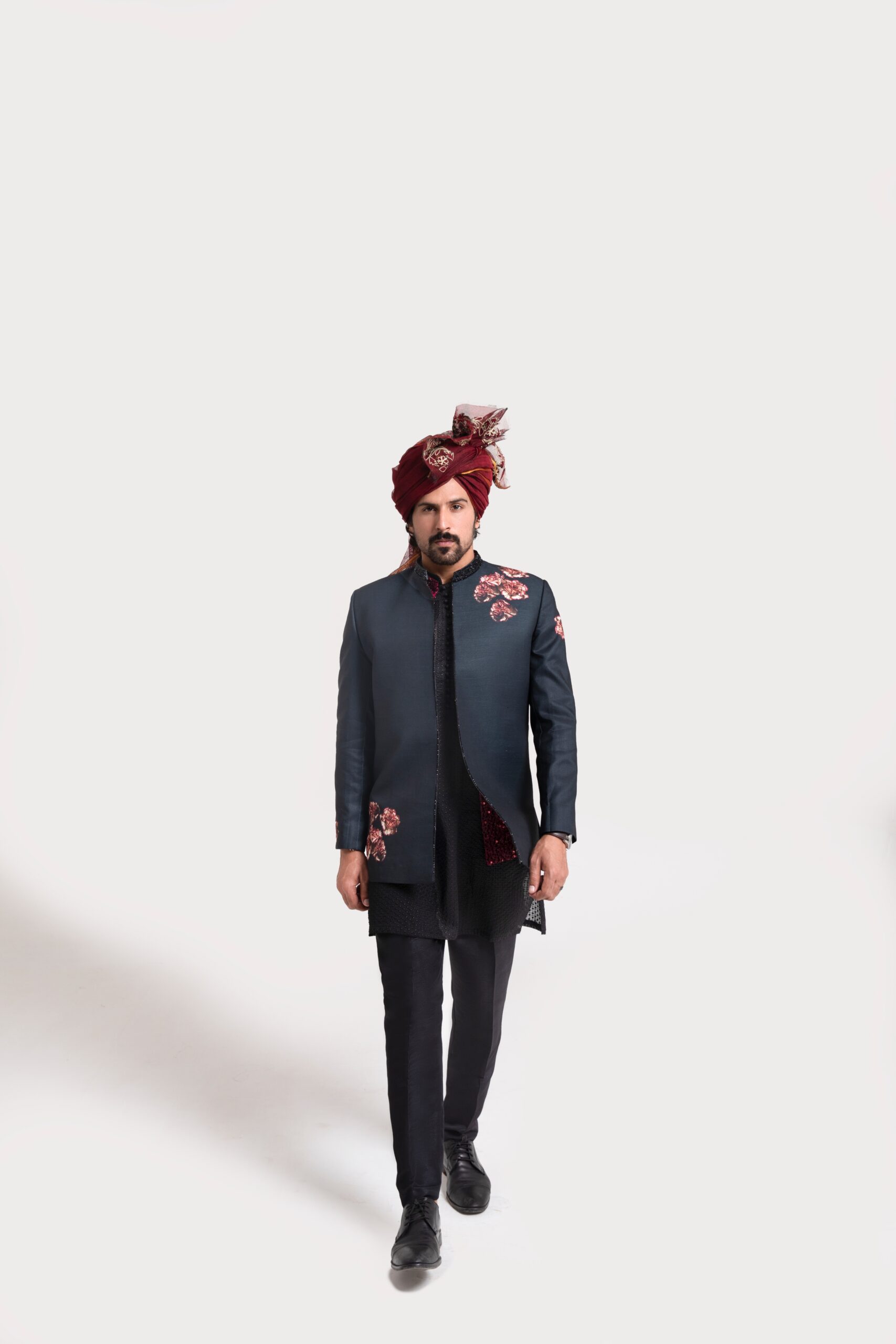 Black Maroon Embroidered Silk-Blend Prince Coat (1-Pc) - Image 4