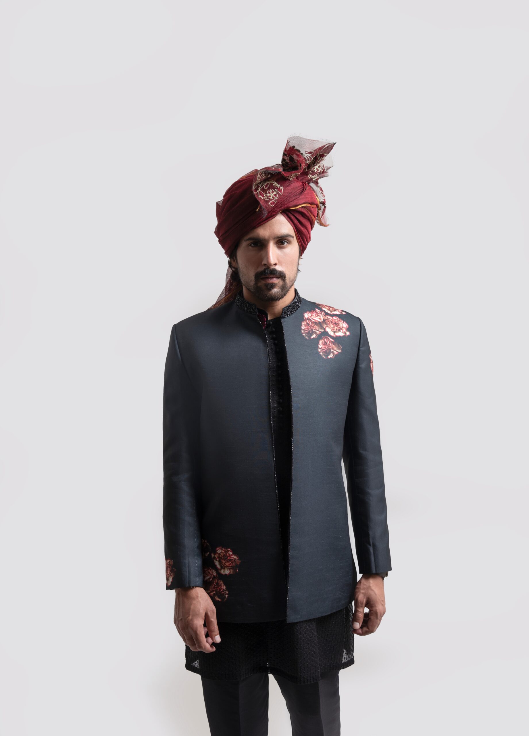 Black Maroon Embroidered Silk-Blend Prince Coat (1-Pc) - Image 5