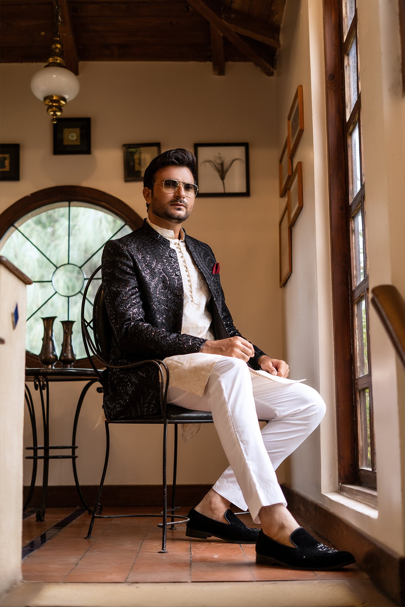 Black Sequin Embroidered Silk-Blend Prince Coat (3-Piece) - Image 3