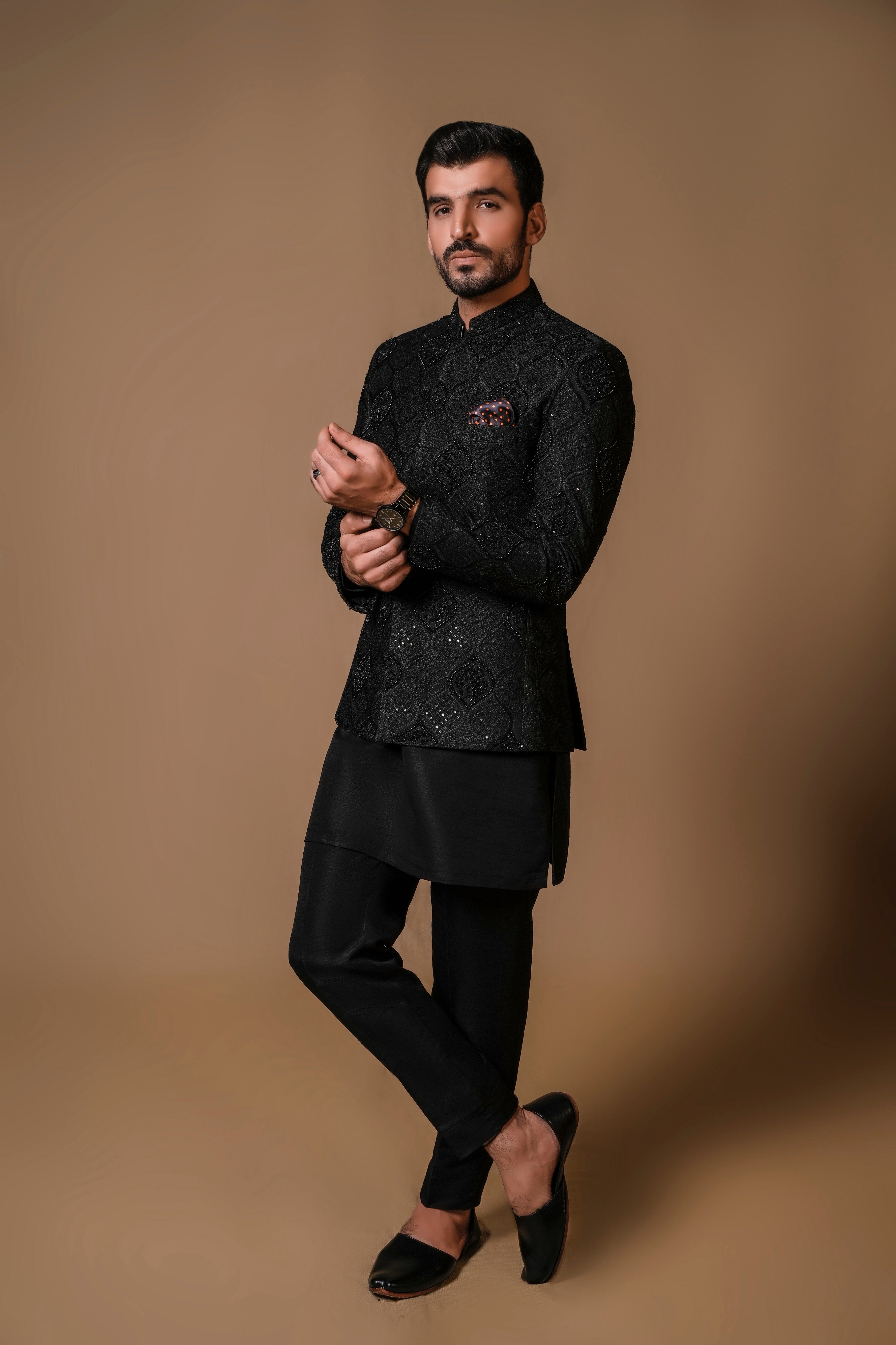 Black Multi-Head Embroidered Silk-Blend Prince Coat (3-Piece) - Image 1