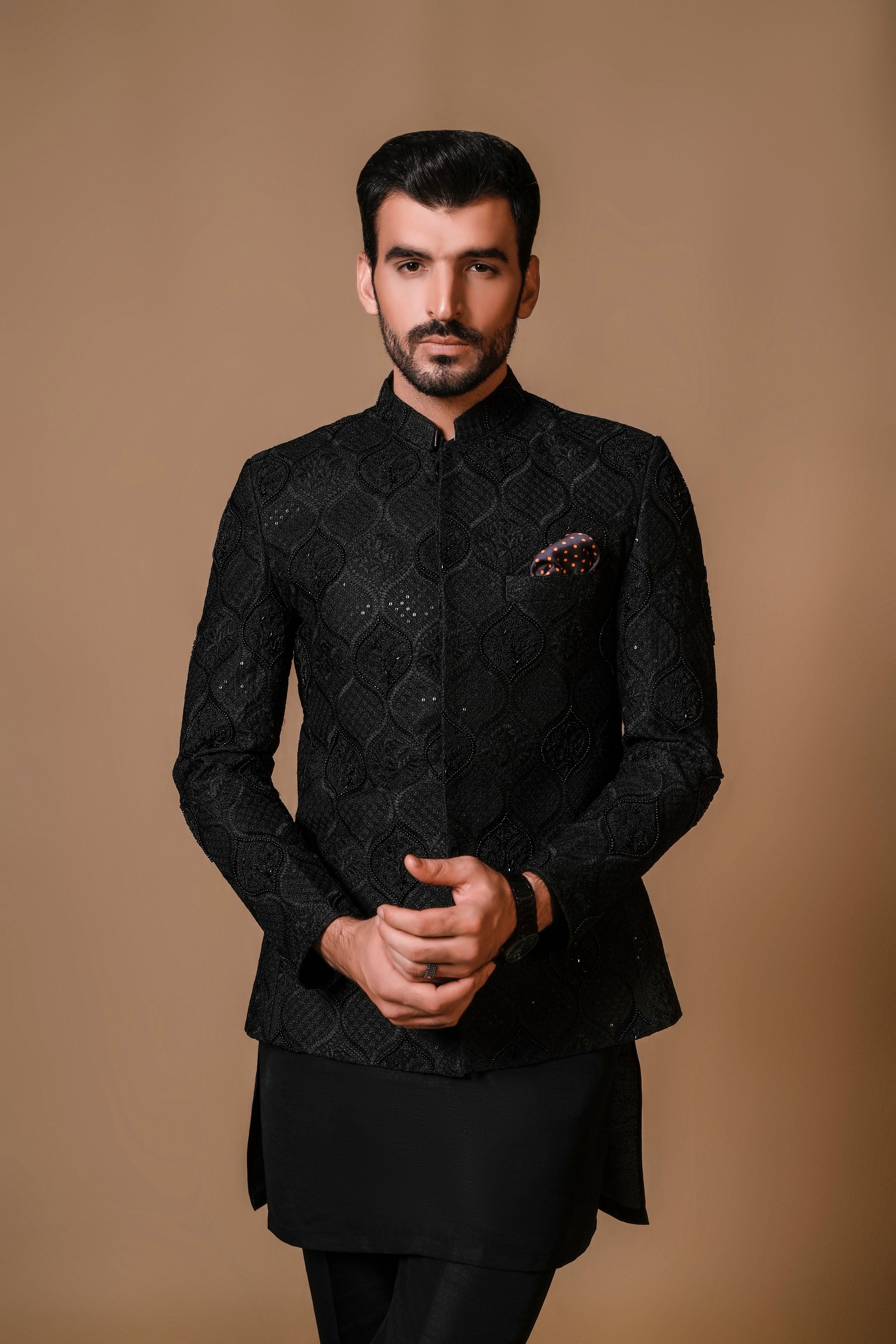Black Multi-Head Embroidered Silk-Blend Prince Coat (3-Piece) - Image 2
