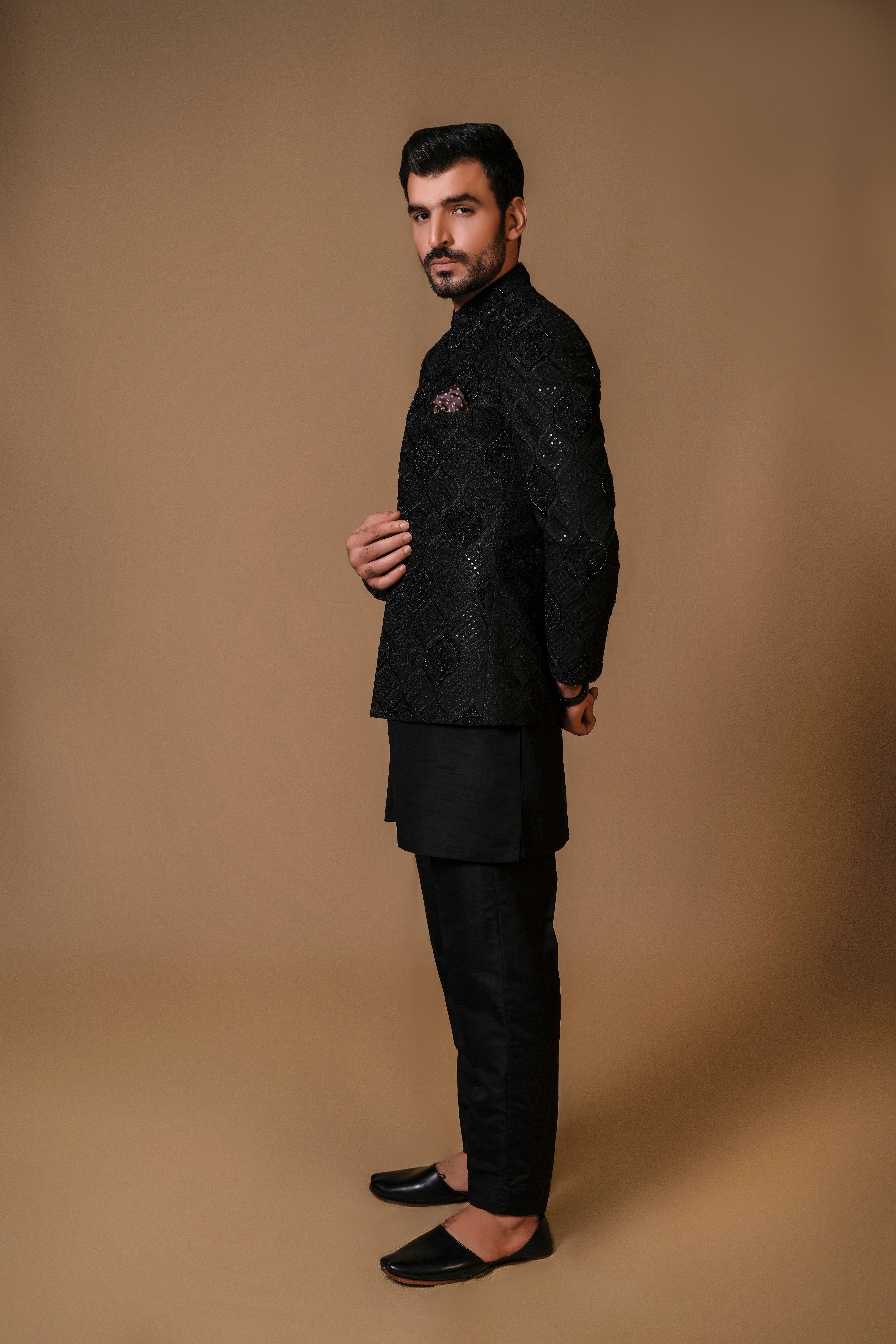 Black Multi-Head Embroidered Silk-Blend Prince Coat (3-Piece) - Image 3
