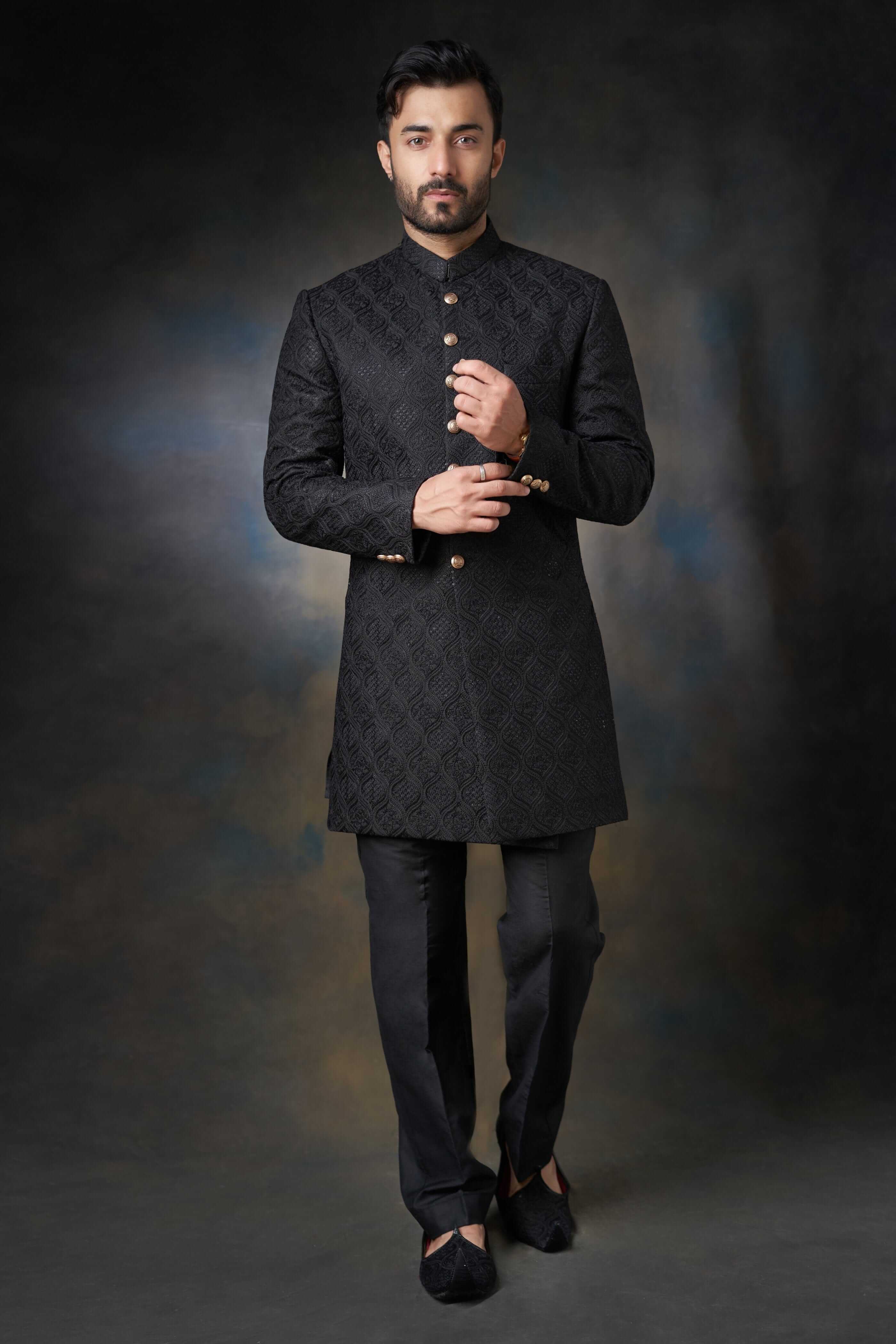Jet Black Zari Resham Silk-Blend Prince Coat (3-Piece) - Image 2