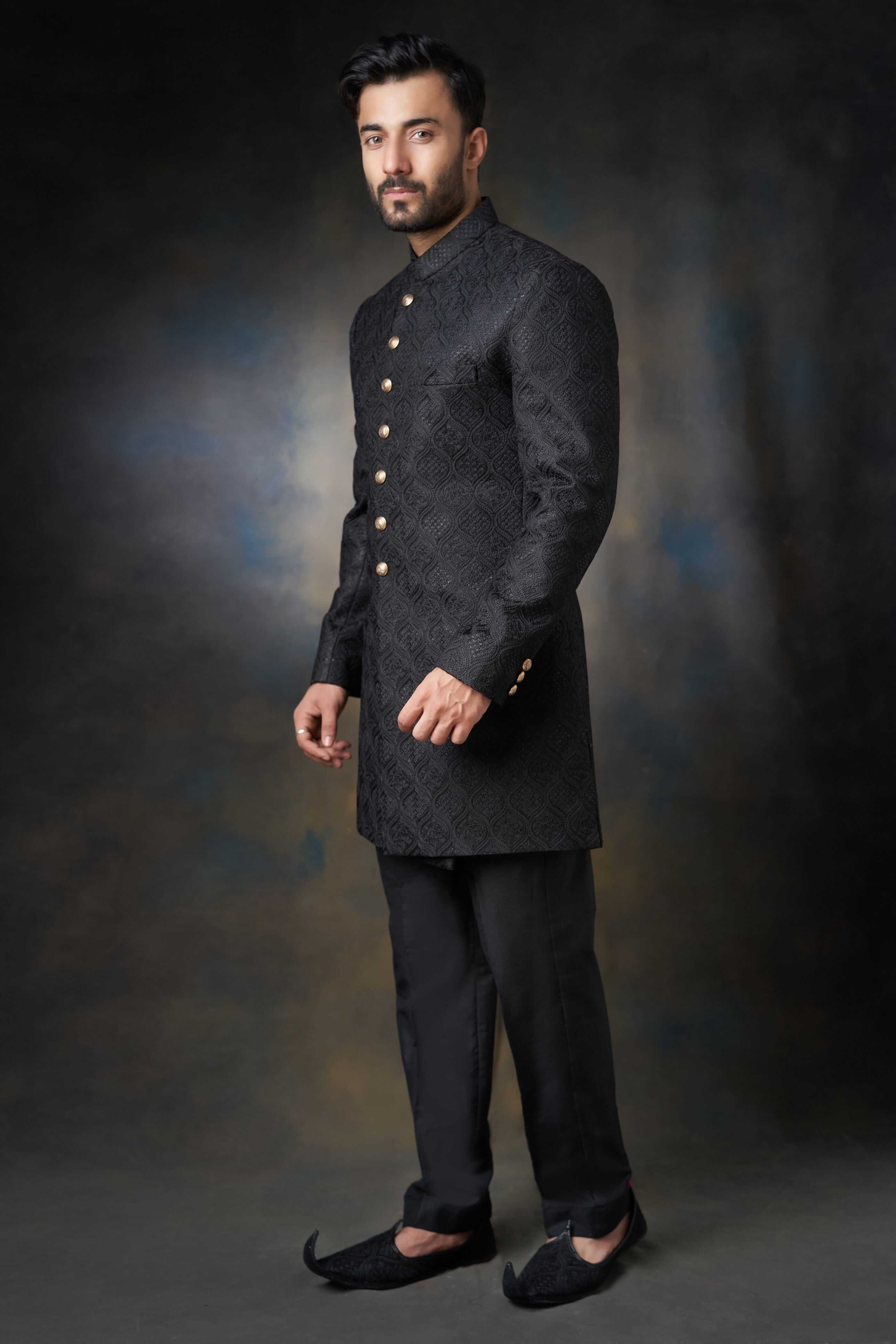 Jet Black Zari Resham Silk-Blend Prince Coat (3-Piece) - Image 3