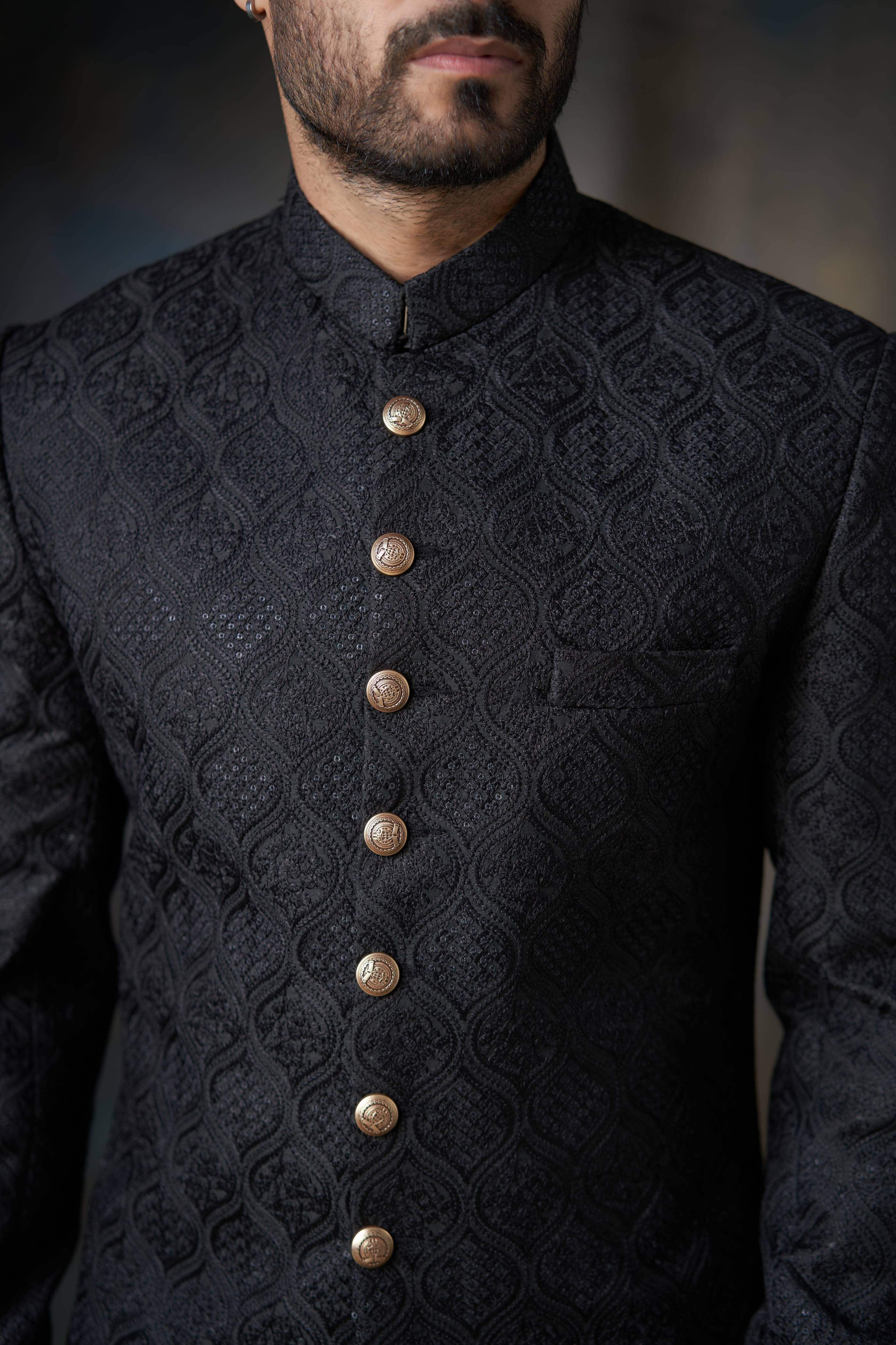 Jet Black Zari Resham Silk-Blend Prince Coat (3-Piece) - Image 4
