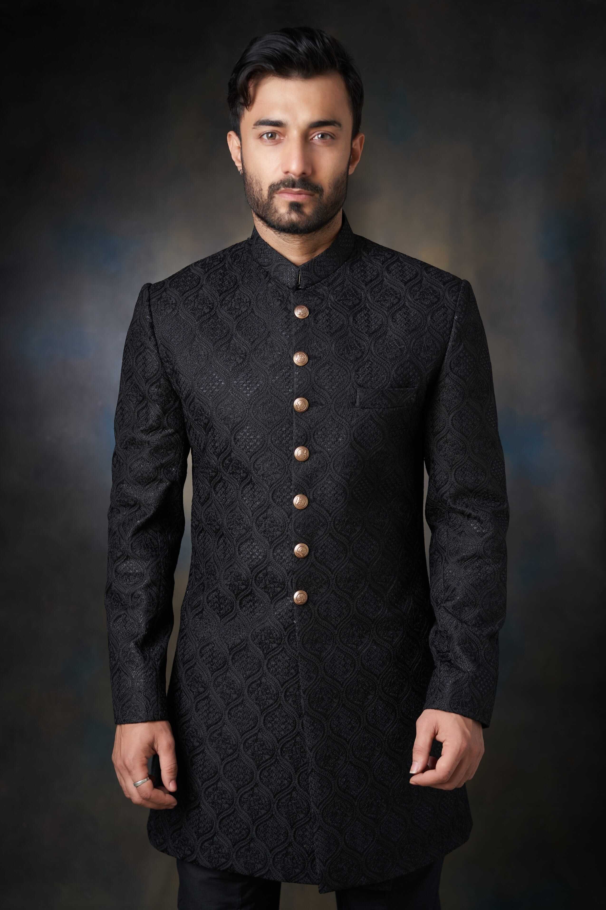 Jet Black Zari Resham Silk-Blend Prince Coat (3-Piece) - Image 5