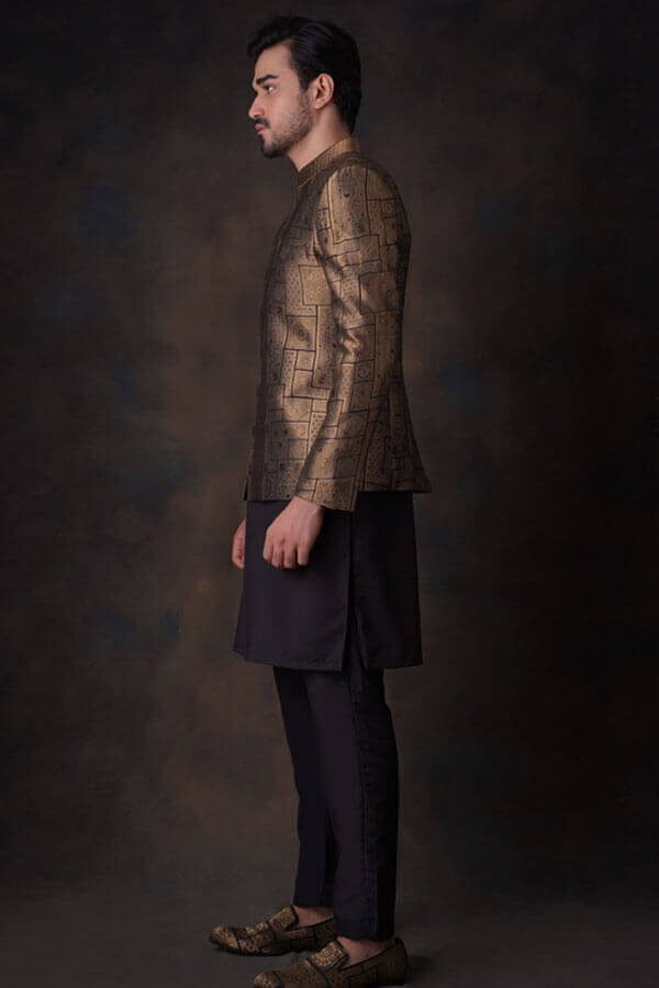 Black and Gold Pure Silk Prince Coat (3-Piece) - Image 2