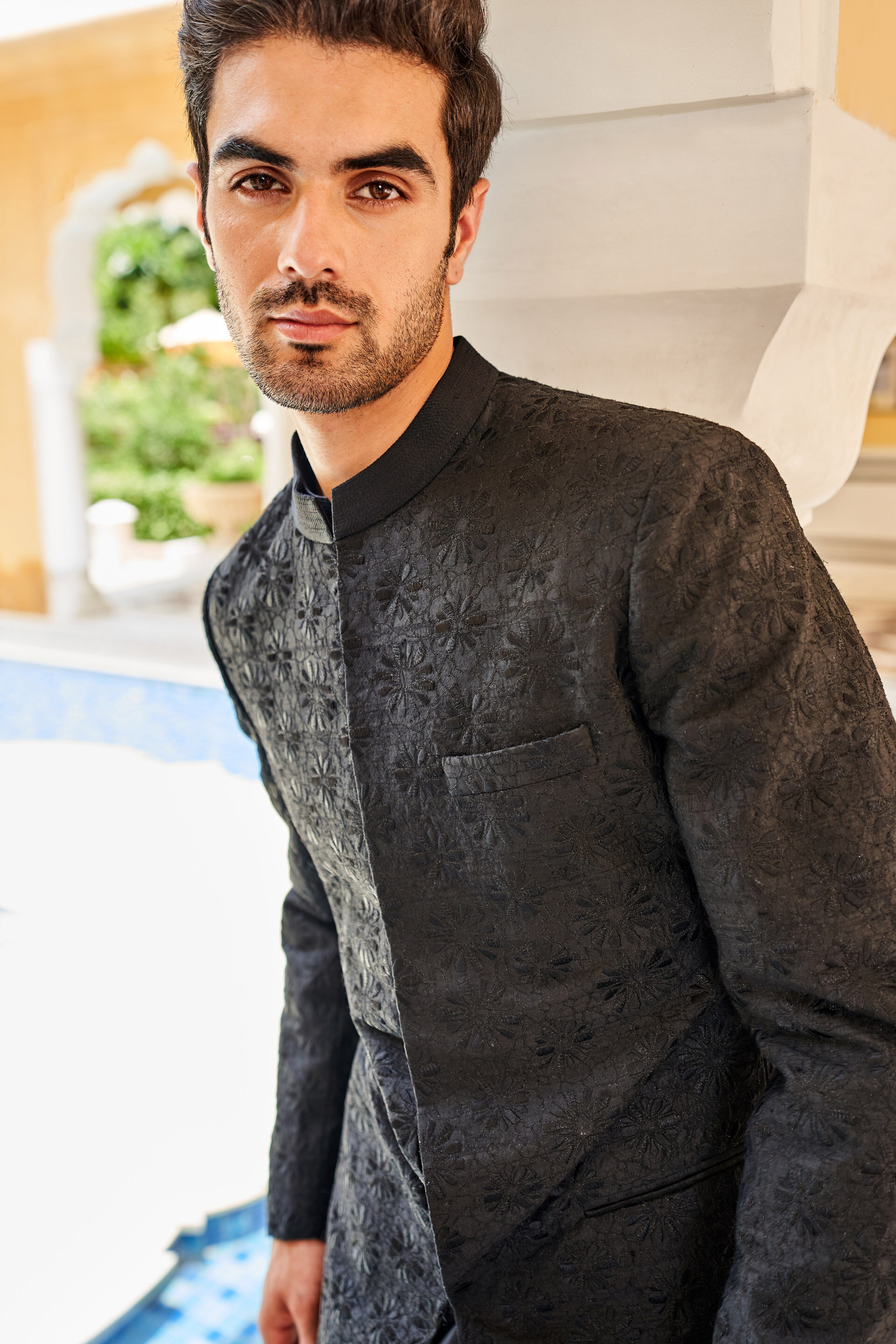 Black Embroidered Silk Prince Coat (3-Piece) - Image 4