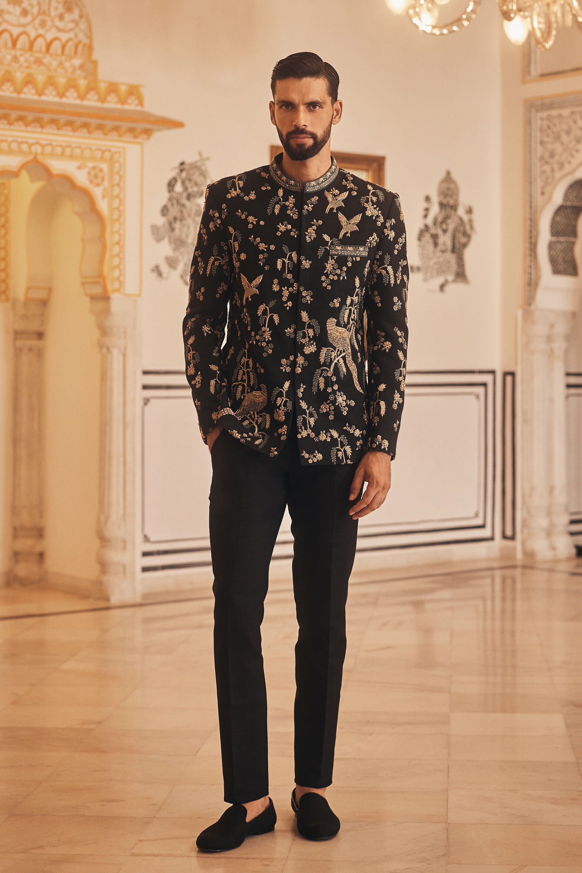 Black Hand-Embroidered Silk Bandhgala Jacket (1-Pc) - Image 1