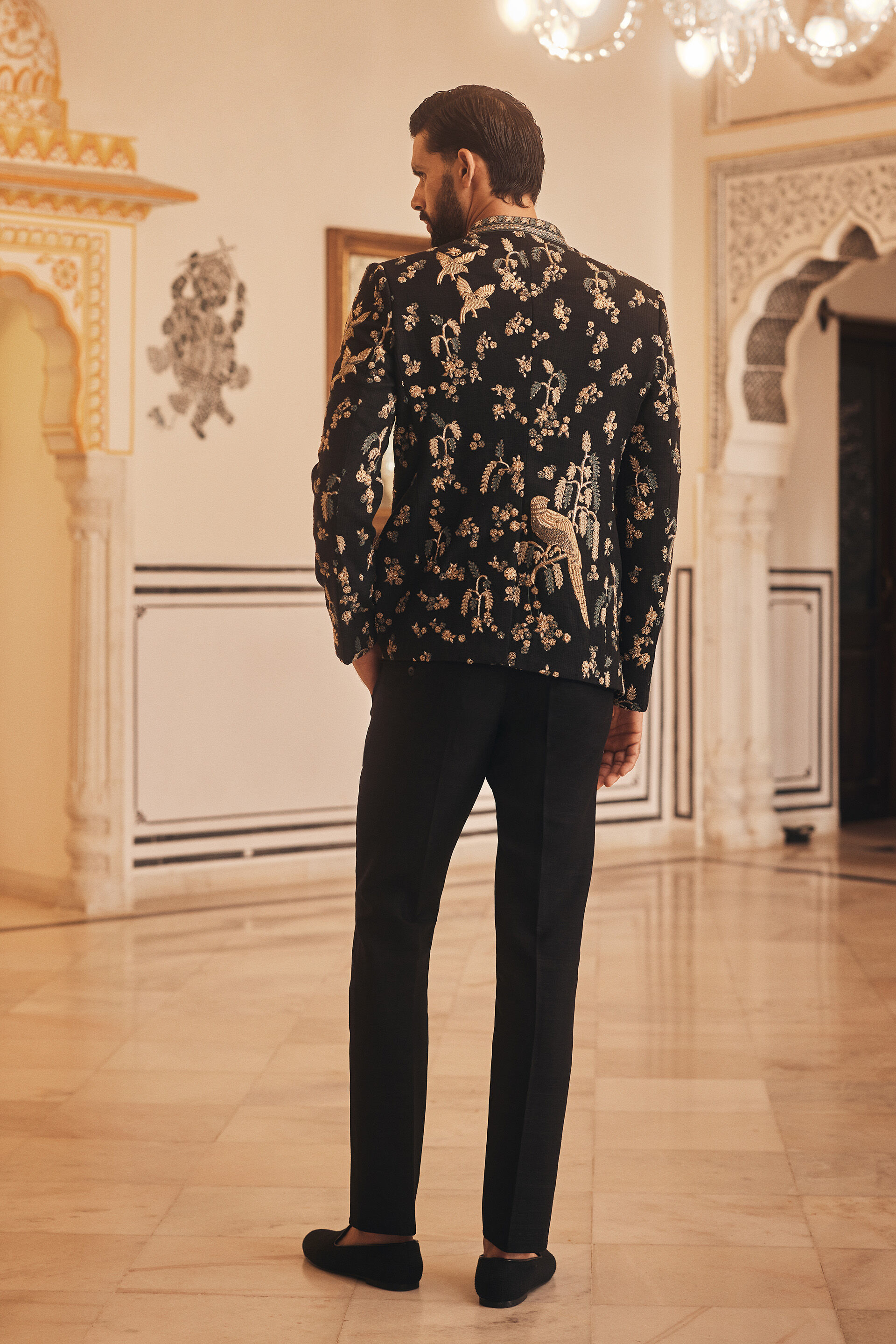 Black Hand-Embroidered Silk Bandhgala Jacket (1-Pc) - Image 2