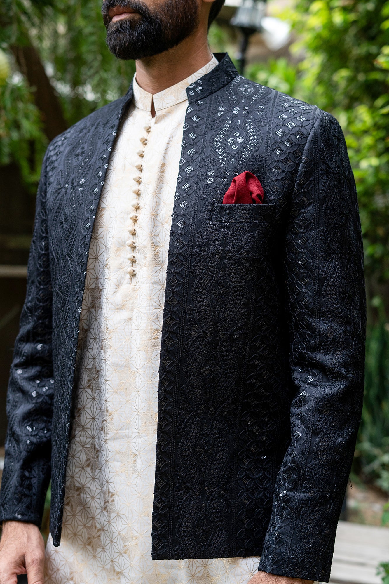 Black Embroidered Silk-Blend Prince Coat (3-Piece) - Image 2