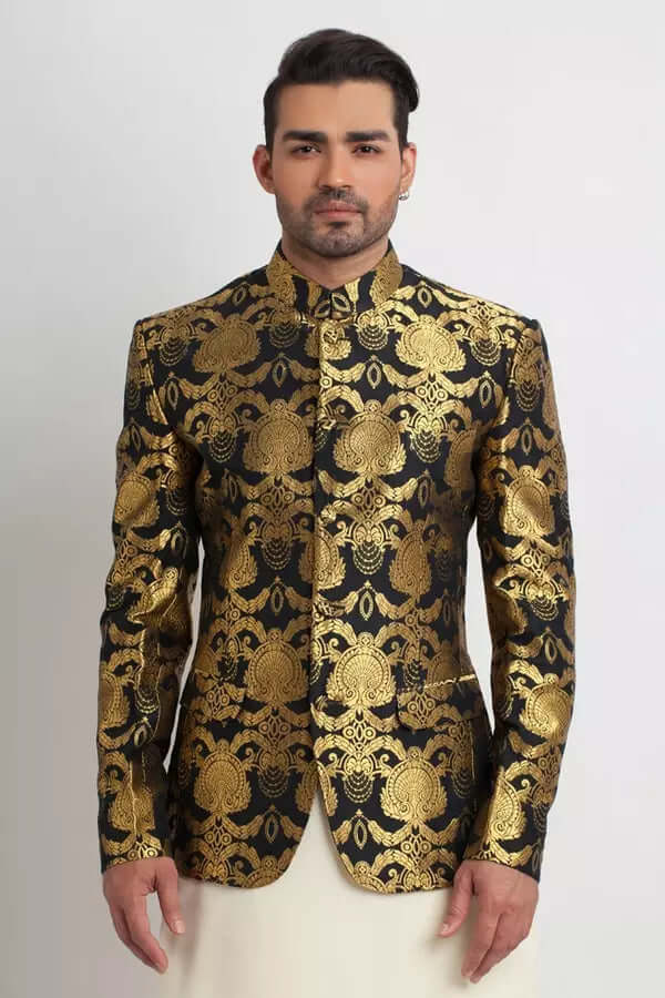Black & Gold Silk Jamavar Prince Coat (1-Pc) - Image 1