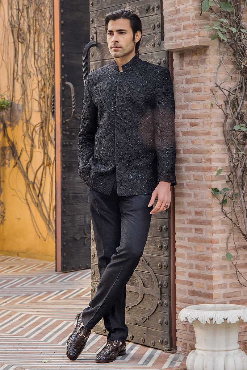 Black Embroidered Pure Silk Prince Coat (2-Piece) - Image 1