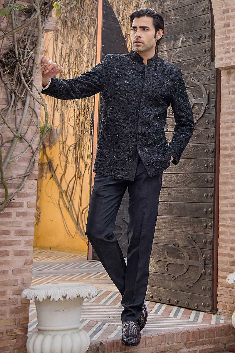 Black Embroidered Pure Silk Prince Coat (2-Piece) - Image 2