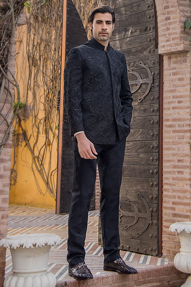 Black Embroidered Pure Silk Prince Coat (2-Piece) - Image 3